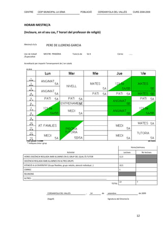 CENTRE            CEIP MUNICIPAL LA SÍNIA                       POBLACIÓ        CERDANYOLA DEL VALLÈS                      CURS 2008-2009




HORARI MESTRE/A

(Incloure, en el seu cas, l’ horari del professor de religió)


Mestre/a Sr/a            PERE DE LLORENS GARCIA

Lloc de treball       MESTRE PRIMÀRIA                   Tutor/a de   5è A                          Càrrec         ......
/Especialitat


Acreditació per impartir l’ensenyament de / en català




   * Indiqueu àrea i grup
                                                                                                                       Hores/setmana

                                               Activitat                                                    Lectives                No lectives
HORES DOCÈNCIA REGLADA AMB ALUMNES EN EL GRUP DEL QUAL ÉS TUTOR                                     12,5
DOCÈNCIA REGLADA AMB ALUMNES EN ALTRES GRUPS
ATENCIÓ A LA DIVERSITAT (Grups flexibles, grups reduïts, atenció individual…)                       10,5
CÀRREC                                                                                              1
REUNIONS
ALTRES : ____________________________________________________________________
                                                                                                    22                        7
                                                                                           TOTAL



                            CERDANYOLA DEL VALLÈS                    ,   14       de   setembre                                   de 2009

                            (Segell)                                                   Signatura del Director/a




                                                                                                                              12
 