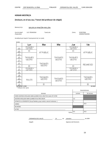 CENTRE            CEIP MUNICIPAL LA SÍNIA                       POBLACIÓ        CERDANYOLA DEL VALLÈS                   CURS 2008-2009




HORARI MESTRE/A

(Incloure, en el seu cas, l’ horari del professor de religió)


Mestre/a Sr/a               BAUDILIA RINCÓN MILLÁN

Lloc de treball       LLIC. PEDAGOGIA                   Tutor/a de                                 Càrrec         SECRETÀRIA
/Especialitat                                                                                                     ADMINISTRADORA


Acreditació per impartir l’ensenyament de / en català




   * Indiqueu àrea i grup
                                                                                                                       Hores/setmana

                                               Activitat                                                    Lectives               No lectives
HORES DOCÈNCIA REGLADA AMB ALUMNES EN EL GRUP DEL QUAL ÉS TUTOR
DOCÈNCIA REGLADA AMB ALUMNES EN ALTRES GRUPS                                                        2,5
ATENCIÓ A LA DIVERSITAT (Grups flexibles, grups reduïts, atenció individual…)                       7
CÀRREC                                                                                                                      24,5

REUNIONS
ALTRES : ____________________________________________________________________
                                                                                                    9,5                     24,5
                                                                                           TOTAL



                            CERDANYOLA DEL VALLÈS                    ,   14       de   setembre                               de 2009

                            (Segell)                                                   Signatura del Director/a




                                                                                                                            19
 