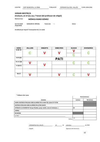 CENTRE            CEIP MUNICIPAL LA SÍNIA                    POBLACIÓ           CERDANYOLA DEL VALLÈS                   CURS 2008-2009



HORARI MESTRE/A
(Incloure, en el seu cas, l’ horari del professor de religió)
Mestre/a Sr/a            MÓNICA RUBIO GÓMEZ

Lloc de treball       AUXILIAR ED. ESPECIAL         Tutor/a de     ----                             Càrrec
/Especialitat


Acreditació per impartir l’ensenyament de / en català




  HORA                DILLUNS                 DIMARTS                     DIMECRES               DIJOUS                    DIVENDRES
  8.30-10
                                                                                                    V
                           C                       V                           V                                                C
                                                                                                    C
  10-10.30
                                                                          PATI
 11.11.30
                           V                                                                        C                           C
  11.30-12                                         V

   16-17
                           V                                                   V                    C                           V




  * Indiqueu àrea i grup
                                                                                                                    Hores/setmana

                                              Activitat                                                      Lectives           No lectives
HORES DOCÈNCIA REGLADA AMB ALUMNES EN EL GRUP DEL QUAL ÉS TUTOR
DOCÈNCIA REGLADA AMB ALUMNES EN ALTRES GRUPS
ATENCIÓ A LA DIVERSITAT (Grups flexibles, grups reduïts, atenció individual…)                        20
CÀRREC
REUNIONS
ALTRES : ____________________________________________________________________
                                                                                                      23
                                                                                            TOTAL



                           CERDANYOLA DEL VALLÈS                   ,      14       de   setembre                            de 2009

                           (Segell)                                                     Signatura del Director/a


                                                                                                                           22
 