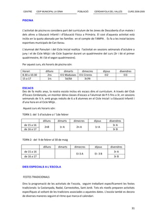 CENTRE        CEIP MUNICIPAL LA SÍNIA             POBLACIÓ       CERDANYOLA DEL VALLÈS             CURS 2008-2009



PISCINA


L’activitat de piscina es considera part del currículum de les àrees de Descoberta d'un mateix i
dels altres a Educació Infantil i d’Educació Física a Primària. El cost d’aquesta activitat està
inclòs en la quota abonada per les famílies en el compte de l’AMPA . Es fa a les instal·lacions
esportives municipals de Can Xarau.

L’alumnat del Parvulari i del Cicle Inicial realitza l’activitat en sessions setmanals d’octubre a
juny i el de Cicle Mitjà i de Cicle Superior durant un quadrimestre del curs (3r i 6è el primer
quadrimestre, 4t i 5è el segon quadrimestre).

Per aquest curs, els horaris de piscina són:

Horari                dilluns        dimarts         dimecres              dijous            divendres
8.30 a 10.30           2ns        EI1 Maduixes     EI1 Cireres              EI2                 EI3
15 a 17                 1rs           5è/6è            3r/4t


ESCACS
Des de fa molts anys, la nostra escola inclou els escacs dins el currículum. A través del Club
d’Escacs Cerdanyola, un monitor dóna classes d’escacs a l’alumnat de P-5 fins a 3r, en sessions
setmanals de ½ h. amb grups reduïts de 6 a 8 alumnes en el Cicle Inicial i a Educació Infantil i
d’una hora en el Cicle Mitjà .

Aquest curs els horaris són:

TORN 1: del 5 d’octubre a l ‘1de febrer

                   dilluns      dimarts        dimecres          dijous         divendres
 de 15 a 16                                                                        3r A
                     2nB          1r A           2n A            1r A
 de 16 a 17                                                                        3r B


TORN 2: del 9 de febrer al 30 de maig

                   dilluns       dimarts       dimecres          dijous             divendres
 de 15 a 16                                                                           3r A
                                                 EI-3 A          EI- 3 B
 de 16 a 17                                                                           3r B


DIES ESPECIALS A L’ESCOLA


FESTES TRADICIONALS

Dins la programació de les activitats de l’escola, seguim treballant específicament les festes
tradicionals: la Castanyada, Nadal, Carnestoltes, Sant Jordi. Tots els nivells preparen activitats
específiques al voltant de les tradicions associades a aquestes dates. L’escola també es decora
de diverses maneres seguint el ritme que marca el calendari.



                                                                                                         31
 