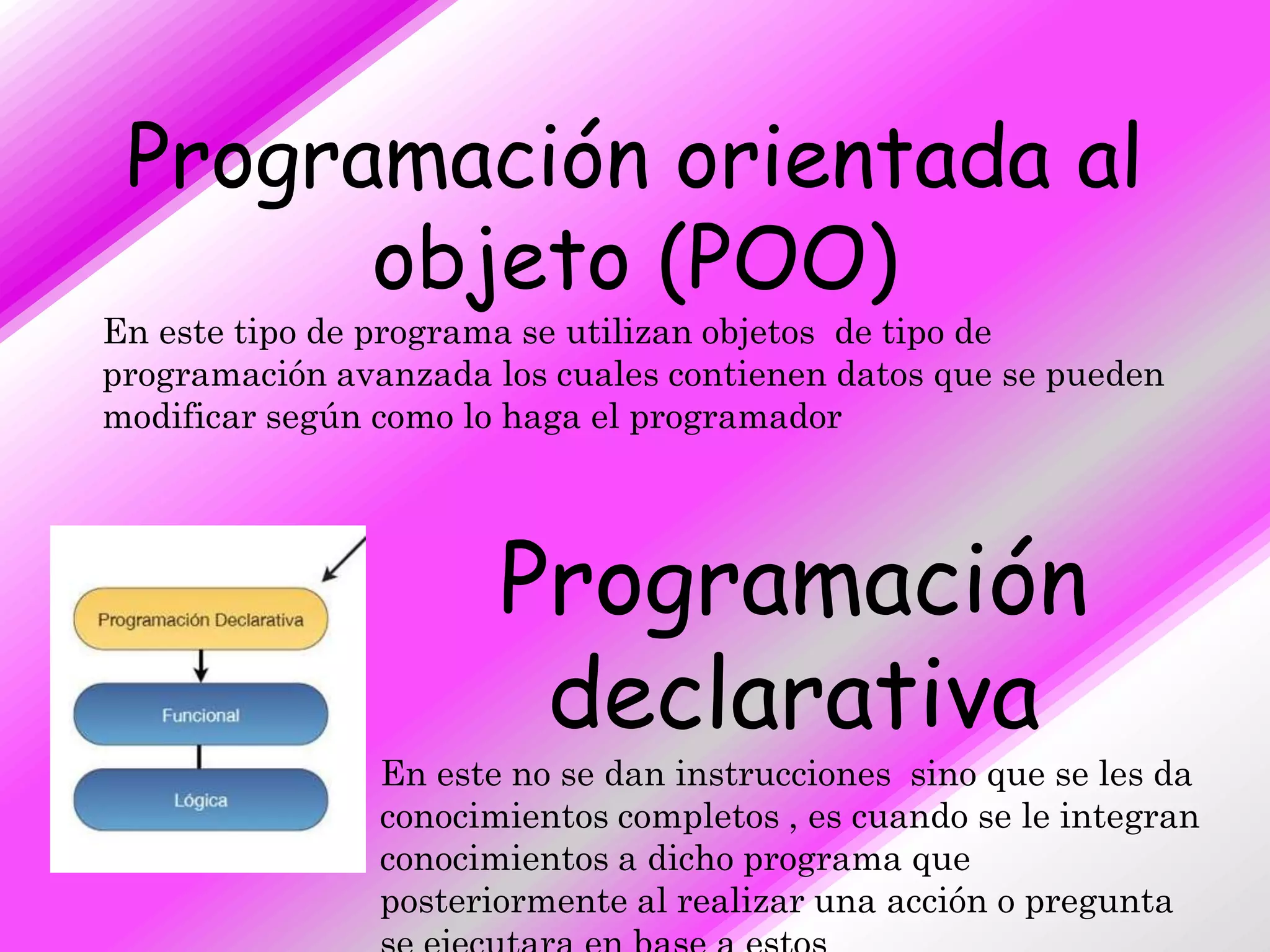 Programación orientada al
       objeto (POO)
En este tipo de programa se utilizan objetos de tipo de
programación avanzada los cuales contienen datos que se pueden
modificar según como lo haga el programador




                       Programación
                        declarativa
                En este no se dan instrucciones sino que se les da
                conocimientos completos , es cuando se le integran
                conocimientos a dicho programa que
                posteriormente al realizar una acción o pregunta
 