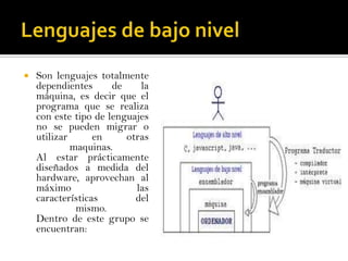  Son lenguajes totalmente
dependientes de la
máquina, es decir que el
programa que se realiza
con este tipo de lenguajes
no se pueden migrar o
utilizar en otras
maquinas.
Al estar prácticamente
diseñados a medida del
hardware, aprovechan al
máximo las
características del
mismo.
Dentro de este grupo se
encuentran:
 