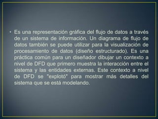 • Es una representación gráfica del flujo de datos a través
de un sistema de información. Un diagrama de flujo de
datos también se puede utilizar para la visualización de
procesamiento de datos (diseño estructurado). Es una
práctica común para un diseñador dibujar un contexto a
nivel de DFD que primero muestra la interacción entre el
sistema y las entidades externas. Este contexto a nivel
de DFD se "explotó" para mostrar más detalles del
sistema que se está modelando.
 
