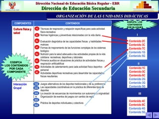 Contenido  2C Contenido  3C Contenido  7C Contenido 1 G Contenido 5 G PRIORIZACIÓN DE LA PROBLEMÁTICA INSTITUCION  ORGANIZACIÓN DE LAS UNIDADES DIDÁCTICAS 1 C I   Contenido  1C Contenido 5 C Contenido 6 C Contenido  2G Contenido  3G Contenido  5G II  2C 3 C 4C 5 C 7C 1 G 2G 3G 4G Contenido  4C Contenido  8C Contenido  4G Contenido  5G III  CODIFCA  LOS CONTENIDOS POR CADA COMPONENTE AGRUPA  LOS  CONTENIDOS  POR BLOQUES 6C 5G 8C Juegos alternativos de los deportes tradicionales y de su preferencia Las capacidades coordinativas en la práctica de diferentes tipos de deportes La creación de secuencias de movimientos con autonomía y originalidad Organización de eventos de juegos con cambio de regla Práctica de deportes individuales y colectivos Interacción Grupal Técnicas de respiración y relajación específicas para cada actividad físico-recreativa . o la vida diaria Normas higiénicas y preventivas relacionadas con la vida diaria Evaluación diagnóstica de las capacidades físicas  y habilidades motrices Formas de mejoramiento de las funciones complejas de los sistemas biológico Nutrición para la salud adecuada a las actividades propias de la vida cotidiana: recreativas, deportivas y laborales Primeros auxilios en situaciones de práctica de actividades físicas y respiración artificialtificial Actividades de calentamiento para cada actividad físico deportivo personal Actividades deportivas recreativas para desarrollar las capacidades físicas resultantes Cultura física y salud CONTENIDOS COMPONENTES 