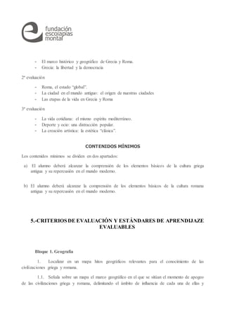 - El marco histórico y geográfico de Grecia y Roma.
- Grecia: la libertad y la democracia
2ª evaluación
- Roma, el estado “global”.
- La ciudad en el mundo antiguo: el origen de nuestras ciudades
- Las etapas de la vida en Grecia y Roma
3ª evaluación
- La vida cotidiana: el mismo espíritu mediterráneo.
- Deporte y ocio: una distracción popular.
- La creación artística: la estética “clásica”.
CONTENIDOS MÍNIMOS
Los contenidos mínimos se dividen en dos apartados:
a) El alumno deberá alcanzar la comprensión de los elementos básicos de la cultura griega
antigua y su repercusión en el mundo moderno.
b) El alumno deberá alcanzar la comprensión de los elementos básicos de la cultura romana
antigua y su repercusión en el mundo moderno.
5.-CRITERIOSDE EVALUACIÓN Y ESTÁNDARES DE APRENDIJAZE
EVALUABLES
Bloque 1. Geografía
1. Localizar en un mapa hitos geográficos relevantes para el conocimiento de las
civilizaciones griega y romana.
1.1. Señala sobre un mapa el marco geográfico en el que se sitúan el momento de apogeo
de las civilizaciones griega y romana, delimitando el ámbito de influencia de cada una de ellas y
 