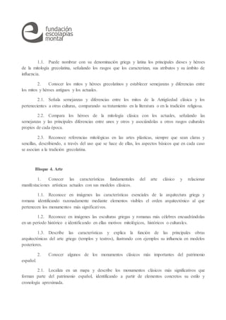 1.1. Puede nombrar con su denominación griega y latina los principales dioses y héroes
de la mitología grecolatina, señalando los rasgos que los caracterizan, sus atributos y su ámbito de
influencia.
2. Conocer los mitos y héroes grecolatinos y establecer semejanzas y diferencias entre
los mitos y héroes antiguos y los actuales.
2.1. Señala semejanzas y diferencias entre los mitos de la Antigüedad clásica y los
pertenecientes a otras culturas, comparando su tratamiento en la literatura o en la tradición religiosa.
2.2. Compara los héroes de la mitología clásica con los actuales, señalando las
semejanzas y las principales diferencias entre unos y otros y asociándolas a otros rasgos culturales
propios de cada época.
2.3. Reconoce referencias mitológicas en las artes plásticas, siempre que sean claras y
sencillas, describiendo, a través del uso que se hace de ellas, los aspectos básicos que en cada caso
se asocian a la tradición grecolatina.
Bloque 4. Arte
1. Conocer las características fundamentales del arte clásico y relacionar
manifestaciones artísticas actuales con sus modelos clásicos.
1.1. Reconoce en imágenes las características esenciales de la arquitectura griega y
romana identificando razonadamente mediante elementos visibles el orden arquitectónico al que
pertenecen los monumentos más significativos.
1.2. Reconoce en imágenes las esculturas griegas y romanas más célebres encuadrándolas
en un período histórico e identificando en ellas motivos mitológicos, históricos o culturales.
1.3. Describe las características y explica la función de las principales obras
arquitectónicas del arte griego (templos y teatros), ilustrando con ejemplos su influencia en modelos
posteriores.
2. Conocer algunos de los monumentos clásicos más importantes del patrimonio
español.
2.1. Localiza en un mapa y describe los monumentos clásicos más significativos que
forman parte del patrimonio español, identificando a partir de elementos concretos su estilo y
cronología aproximada.
 