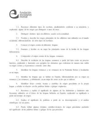 1.1. Reconoce diferentes tipos de escritura, clasificándolos conforme a su naturaleza, y
explicando alguno de los rasgos que distinguen a unos de otros.
2. Distinguir distintos tipos de alfabetos usados en la actualidad.
2.1. Nombra y describe los rasgos principales de los alfabetos más utilizados en el mundo
occidental, diferenciándolos de otros tipos de escrituras.
3. Conocer el origen común de diferentes lenguas.
3.1. Enumera y localiza en un mapa las principales ramas de la familia de las lenguas
indoeuropeas.
4. Comprender el origen común de las lenguas romances.
4.1. Describe la evolución de las lenguas romances a partir del latín como un proceso
histórico, explicando e ilustrando con ejemplos los elementos que evidencian de manera más visible
su origen común y el parentesco existente entre ellas.
5. Identificar las lenguas romances y no romances de la Península Ibérica y localizarlas
en un mapa.
5.1. Identifica las lenguas que se hablan en España, diferenciándolas por su origen en
romances y no romances, y delimitando en un mapa las zonas en las que se utilizan.
6. Identificar léxico común, técnico y científico de origen grecolatino en la propia
lengua y señalar su relación con las palabras latinas o griegas originarias.
6.1. Reconoce y explica el significado de algunos de los helenismos y latinismos más
frecuentes utilizados en el léxico de las lenguas habladas en España, explicando su significado a
partir del término de origen.
6.2. Explica el significado de palabras a partir de su descomposición y el análisis
etimológico de sus partes.
6.3. Puede definir algunos términos científico-técnicos de origen grecolatino partiendo
del significado de las palabras latinas o griegas de las que proceden.
 