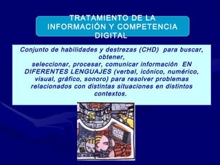 Conjunto de habilidades y destrezas (CHD)  para buscar, obtener, seleccionar, procesar, comunicar información  EN DIFERENTES LENGUAJES (verbal, icónico, numérico, visual, gráfico, sonoro) para resolver problemas relacionados con distintas situaciones en distintos contextos.   TRATAMIENTO DE LA INFORMACIÓN Y COMPETENCIA DIGITAL  