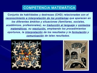 Conjunto de habilidades y destrezas (CHD)  relacionadas con el  reconocimiento e interpretación de los problemas  que aparecen en los diferentes ámbitos y situaciones (familiares, sociales, académicos, profesionales), su  traducción al lenguaje  y  contextos matemáticos , su  resolución,  empleando los procedimientos oportunos, la  interpretación  de los resultados y la  formulación  y  comunicación  de tales resultados. COMPETENCIA MATEMÁTICA 