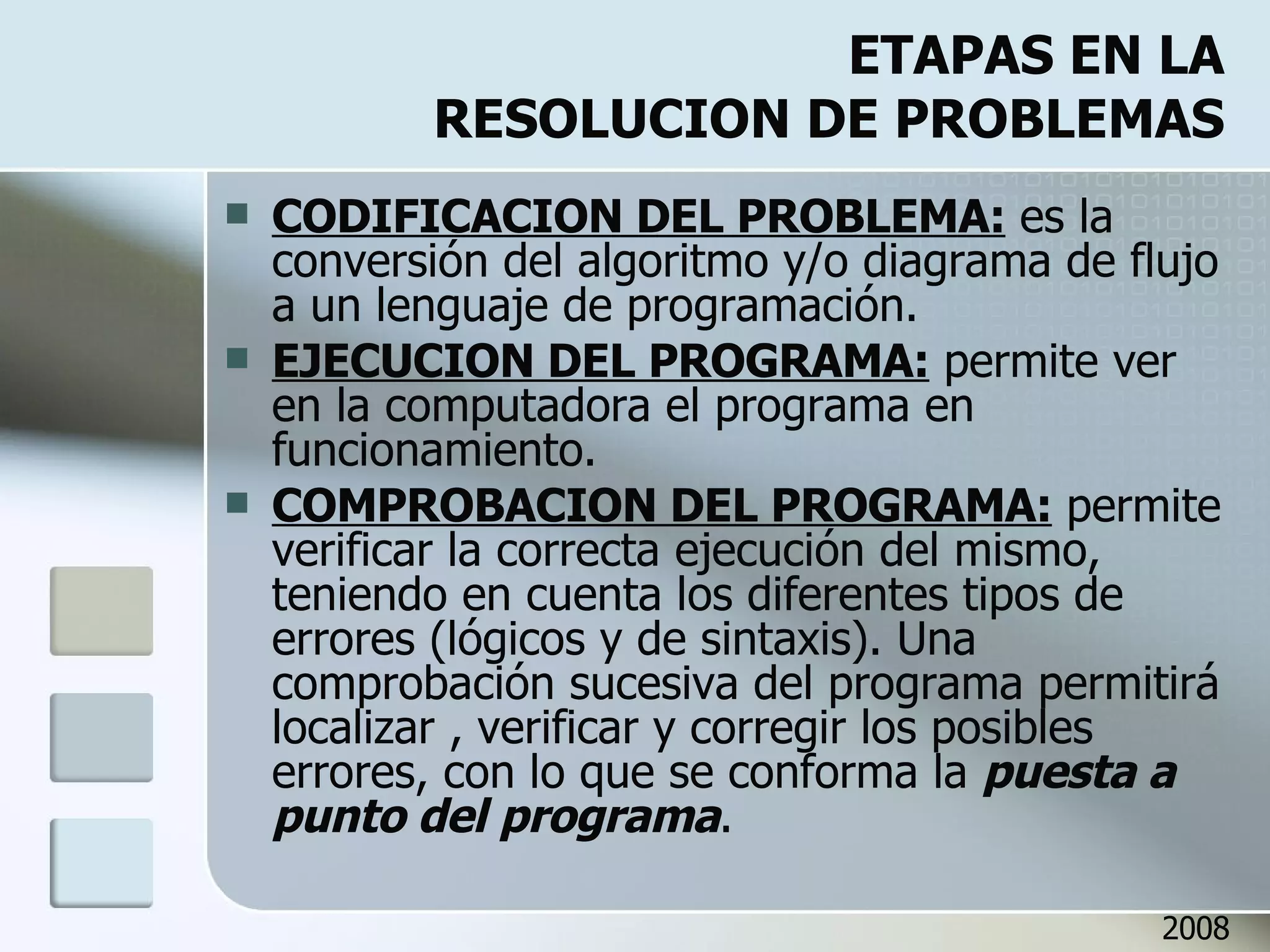 ETAPAS EN LA RESOLUCION DE PROBLEMAS CODIFICACION DEL PROBLEMA:  es la conversión del algoritmo y/o diagrama de flujo a un lenguaje de programación. EJECUCION DEL PROGRAMA:  permite ver en la computadora el programa en funcionamiento. COMPROBACION DEL PROGRAMA:  permite verificar la correcta ejecución del mismo, teniendo en cuenta los diferentes tipos de errores (lógicos y de sintaxis). Una comprobación sucesiva del programa permitirá localizar , verificar y corregir los posibles errores, con lo que se conforma la  puesta a punto del programa . 2008 