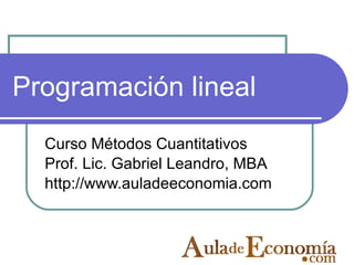 Programación lineal Curso Métodos Cuantitativos Prof. Lic. Gabriel Leandro, MBA http://www.auladeeconomia.com 
