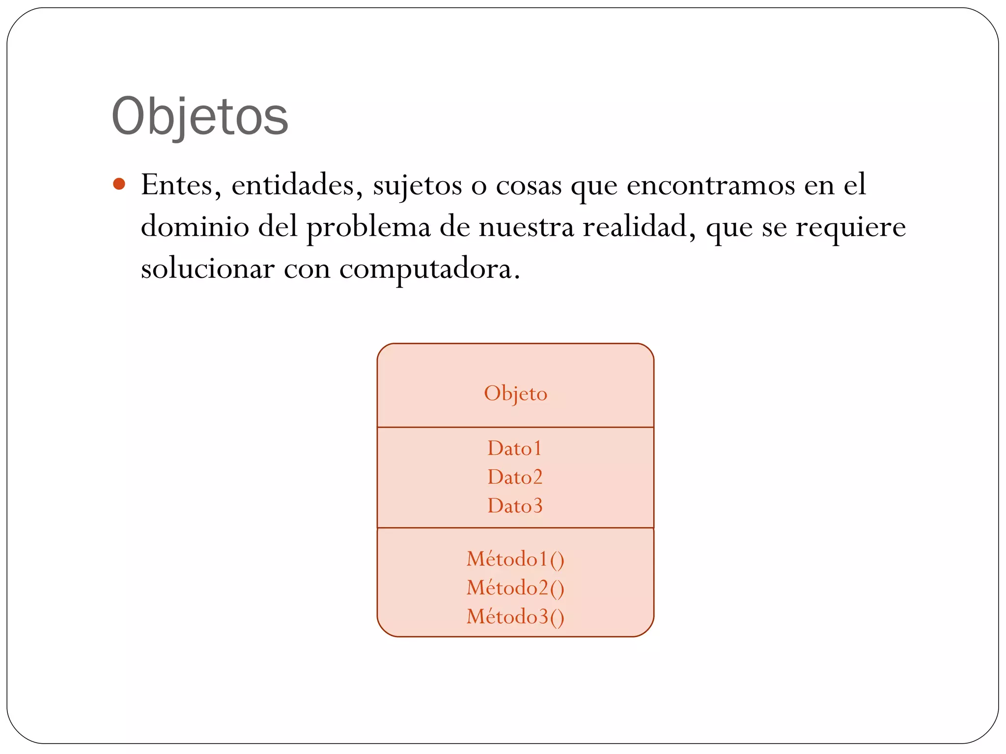 Objetos  Entes, entidades, sujetos o cosas que encontramos en el dominio del problema de nuestra realidad, que se requiere solucionar con computadora. Objeto Método1() Método2() Método3() Dato1 Dato2 Dato3 