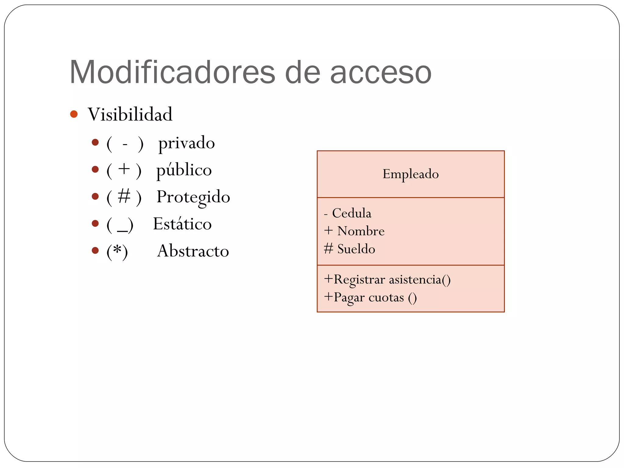 Modificadores de acceso Visibilidad (  -  )  privado ( + )  p úblico ( # )  Protegido ( _)  Estático (*)  Abstracto Empleado - Cedula +  Nombre # Sueldo +Registrar asistencia() +Pagar cuotas () 