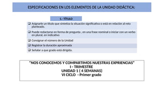 ESPECIFICACIONES EN LOS ELEMENTOS DE LA UNIDAD DIDÁCTICA:
1.- TÍTULO
“NOS CONOCEMOS Y COMPARTIMOS NUESTRAS EXPRIENCIAS”
I - TRIMESTRE
UNIDAD 1 ( 4 SEMANAS)
VI CICLO - Primer grado
 Asignarle un título que sintetiza la situación significativa o está en relación al reto
planteado.
 Puede redactarse en forma de pregunta , en una frase nominal o iniciar con un verbo
en plural, en indicativo
 Consignar el número de la Unidad
 Registrar la duración aproximada
 Señalar a que grado está dirigida.
 