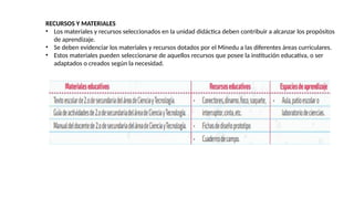 RECURSOS Y MATERIALES
• Los materiales y recursos seleccionados en la unidad didáctica deben contribuir a alcanzar los propósitos
de aprendizaje.
• Se deben evidenciar los materiales y recursos dotados por el Minedu a las diferentes áreas curriculares.
• Estos materiales pueden seleccionarse de aquellos recursos que posee la institución educativa, o ser
adaptados o creados según la necesidad.
 