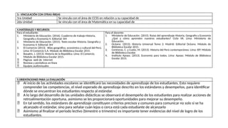 5.ORIENTACIONES PARA LA EVALUACIÓN
 Al inicio de las actividades escolares se identificará las necesidades de aprendizaje de los estudiantes. Esto requiere
comprender las competencias, el nivel esperado de aprendizaje descrito en los estándares y desempeños, para identificar
dónde se encuentran los estudiantes respecto al estándar.
 A lo largo del desarrollo de las unidades didácticas se observará el desempeño de los estudiantes para realizar acciones de
retroalimentación oportuna, asimismo se les proporcionará oportunidades para mejorar su desempeño.
 En tal sentido, los estándares de aprendizaje constituyen criterios precisos y comunes para comunicar no solo si se ha
alcanzado el estándar, sino para señalar cuán lejos o cerca está cada estudiante de alcanzarlo
 Asimismo al finalizar el periodo lectivo (bimestre o trimestre) es importante tener evidencias del nivel de logro de los
estudiantes.
4.MATERIALES Y RECURSOS:
Para el estudiante:
1. Ministerio de Educación. (2016). Cuaderno de trabajo Historia,
Geografía y Economía 4. Editorial: SM
2. Ministerio de Educación. (2015). Texto escolar Historia, Geografía y
Economía 4. Editorial: SM
3. El Comercio (2013). Atlas geográfico, económico y cultural del Perú.
Lima: El Comercio S.A. Módulo de Biblioteca Escolar 2015.
4. Basadre, J. (2013). Historia de la República. Lima: El Comercio.
Módulo de Biblioteca Escolar 2015.
 Páginas web de Internet
 Revistas y periódicos en línea
 Equipos audiovisuales
Para el docente:
1. Ministerio de Educación. (2015). Rutas del aprendizaje Historia, Geografía y Economía
¿Qué y cómo aprenden nuestros estudiantes? Ciclo VII. Lima: Ministerio de
Educación.
2. Océano. (2013). Historia Universal Tomo 3. Madrid: Editorial Océano. Módulo de
Biblioteca Escolar 2015.
3. Contreras, C. y Cueto, M. (2013). Historia del Perú contemporáneo. Lima: IEP. Módulo
de Biblioteca Escolar.
4. Instituto Apoyo. (2013). Economía para todos. Lima: Apoyo. Módulo de Biblioteca
Escolar 2015.
3.- VINCULACIÓN CON OTRAS ÁREAS
1ra Unidad Se vincula con el área de CCSS en relación a su capacidad de
2da Unidad Se vincula con el área de Matemática en su capacidad de
 