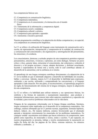 Las competencias básicas son:
C1. Competencia en comunicación lingüística.
C2. Competencia matemática.
C3. Competencia en el conocimiento y la interacción con el mundo
físico.
C4. Tratamiento de la información y competencia digital.
C5. Competencia social y ciudadana.
C6. Competencia cultural y artística.
C7. Competencia para aprender a aprender.
C8. Autonomía e iniciativa personal.
Nuestra programación contribuye a la adquisición de dichas competencias y en especial,
a la competencia en comunicación lingüística.
La C1 se refiere a la utilización del lenguaje como instrumento de comunicación oral y
escrita, de representación, interpretación y comprensión de la realidad, de construcción
y comunicación del conocimiento y de organización y autorregulación del pensamiento,
las emociones y la conducta.
Los conocimientos, destrezas y actitudes propios de esta competencia permiten expresar
pensamientos, emociones, vivencias y opiniones, así como dialogar, formarse un juicio
crítico y ético, generar ideas, estructurar el conocimiento, dar coherencia y cohesión al
discurso y a las propias acciones y tareas, adoptar decisiones, y disfrutar escuchando,
leyendo o expresándose de forma oral y escrita, todo lo cual contribuye además al
desarrollo de la autoestima y de la confianza en sí mismo.
El aprendizaje de una lengua extranjera contribuye directamente a la adquisición de la
C1 en la medida en que el alumnado adquiere y desarrolla las habilidades de escuchar,
hablar y conversar. Además, mejora la C1 al desarrollar la habilidad para expresarse,
oralmente y por escrito, utilizando y comprendiendo las convenciones y el lenguaje
apropiado a cada situación. Por otra parte, el reconocimiento y el aprendizaje progresivo
de reglas de funcionamiento del sistema de la lengua extranjera, mejora la adquisición
de esta competencia.
La C2 se refiere a la habilidad para utilizar números y sus operaciones básicas, los
símbolos y las formas de expresión y razonamiento matemático para producir e
interpretar informaciones, para conocer más sobre aspectos cuantitativos y espaciales de
la realidad y para resolver problemas relacionados con la vida diaria.
Ninguna de las asignaturas relacionadas con la lengua (lengua castellana, literatura,
lengua extranjera) están implicadas en el desarrollo de la competencia matemática. Sin
embargo, estamos afirmando que la C1 permite razonar, argumentar, formular hipótesis,
deducir, inducir, etc., De manera indirecta, estamos favoreciendo que el alumnado
aprenda a interpretar correctamente los enunciados de los problemas matemáticos. En
cualquier unidad encontramos actividades que hacen referencia a la comprensión, tanto
global como específica, de enunciados o textos, orales o escritos. Y por supuesto, en
nuestra programación se presenta, trabaja y recicla constantemente la numeración en
inglés (la fecha del día, las páginas de los libros, sistemas métricos, los números
ordinales y cardinales…)
 
