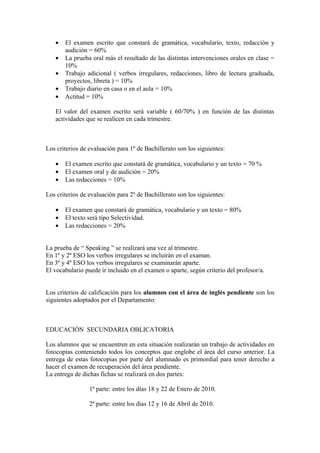 • El examen escrito que constará de gramática, vocabulario, texto, redacción y
audición = 60%
• La prueba oral más el resultado de las distintas intervenciones orales en clase =
10%
• Trabajo adicional ( verbos irregulares, redacciones, libro de lectura graduada,
proyectos, libreta ) = 10%
• Trabajo diario en casa o en el aula = 10%
• Actitud = 10%
El valor del examen escrito será variable ( 60/70% ) en función de las distintas
actividades que se realicen en cada trimestre.
Los criterios de evaluación para 1º de Bachillerato son los siguientes:
• El examen escrito que constará de gramática, vocabulario y un texto = 70 %
• El examen oral y de audición = 20%
• Las redacciones = 10%
Los criterios de evaluación para 2º de Bachillerato son los siguientes:
• El examen que constará de gramática, vocabulario y un texto = 80%
• El texto será tipo Selectividad.
• Las redacciones = 20%
La prueba de “ Speaking ” se realizará una vez al trimestre.
En 1º y 2º ESO los verbos irregulares se incluirán en el examan.
En 3º y 4º ESO los verbos irregulares se examinarán aparte.
El vocabulario puede ir incluido en el examen o aparte, según criterio del profesor/a.
Los criterios de calificación para los alumnos con el área de inglés pendiente son los
siguientes adoptados por el Departamento:
EDUCACIÓN SECUNDARIA OBLICATORIA
Los alumnos que se encuentren en esta situación realizarán un trabajo de actividades en
fotocopias conteniendo todos los conceptos que englobe el área del curso anterior. La
entrega de estas fotocopias por parte del alumnado es primordial para tener derecho a
hacer el examen de recuperación del área pendiente.
La entrega de dichas fichas se realizará en dos partes:
1ª parte: entre los días 18 y 22 de Enero de 2010.
2ª parte: entre los días 12 y 16 de Abril de 2010.
 
