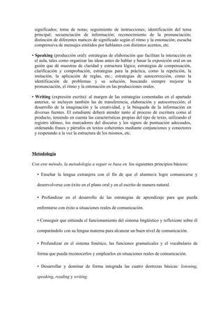 significados; toma de notas; seguimiento de instrucciones; identificación del tema
principal; secuenciación de información; reconocimiento de la pronunciación;
distinción de diferentes matices de significado según el ritmo y la entonación; escucha
comprensiva de mensajes emitidos por hablantes con distintos acentos, etc.
• Speaking (producción oral): estrategias de elaboración que facilitan la interacción en
el aula, tales como organizar las ideas antes de hablar y basar la exposición oral en un
guión que dé muestras de claridad y estructura lógica; estrategias de compensación,
clarificación y comprobación; estrategias para la práctica, como la repetición, la
imitación, la aplicación de reglas, etc.; estrategias de autocorrección, como la
identificación de problemas y su solución, buscando siempre mejorar la
pronunciación, el ritmo y la entonación en las producciones orales.
• Writing (expresión escrita): al margen de las estrategias comentadas en el apartado
anterior, se incluyen también las de transferencia, elaboración y autocorrección; el
desarrollo de la imaginación y la creatividad, y la búsqueda de la información en
diversas fuentes. El estudiante deberá atender tanto al proceso de escritura como al
producto, teniendo en cuenta las características propias del tipo de texto, utilizando el
registro idóneo, los marcadores del discurso y los signos de puntuación adecuados,
ordenando frases y párrafos en textos coherentes mediante conjunciones y conectores
y respetando a la vez la estructura de los mismos, etc.
Metodología
Con este método, la metodología a seguir se basa en los siguientes principios básicos:
• Enseñar la lengua extranjera con el fin de que el alumno/a logre comunicarse y
desenvolverse con éxito en el plano oral y en el escrito de manera natural.
• Profundizar en el desarrollo de las estrategias de aprendizaje para que pueda
enfrentarse con éxito a situaciones reales de comunicación.
• Conseguir que entienda el funcionamiento del sistema lingüístico y reflexione sobre él
comparándolo con su lengua materna para alcanzar un buen nivel de comunicación.
• Profundizar en el sistema fonético, las funciones gramaticales y el vocabulario de
forma que pueda reconocerlos y emplearlos en situaciones reales de comunicación.
• Desarrollar y dominar de forma integrada las cuatro destrezas básicas: listening,
speaking, reading y writing.
 