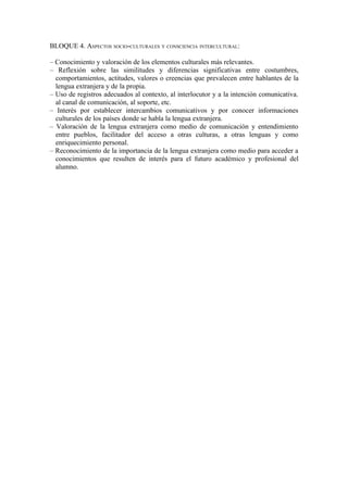 BLOQUE 4. ASPECTOS SOCIO-CULTURALES Y CONSCIENCIA INTERCULTURAL:
– Conocimiento y valoración de los elementos culturales más relevantes.
– Reflexión sobre las similitudes y diferencias significativas entre costumbres,
comportamientos, actitudes, valores o creencias que prevalecen entre hablantes de la
lengua extranjera y de la propia.
– Uso de registros adecuados al contexto, al interlocutor y a la intención comunicativa.
al canal de comunicación, al soporte, etc.
– Interés por establecer intercambios comunicativos y por conocer informaciones
culturales de los países donde se habla la lengua extranjera.
– Valoración de la lengua extranjera como medio de comunicación y entendimiento
entre pueblos, facilitador del acceso a otras culturas, a otras lenguas y como
enriquecimiento personal.
– Reconocimiento de la importancia de la lengua extranjera como medio para acceder a
conocimientos que resulten de interés para el futuro académico y profesional del
alumno.
 