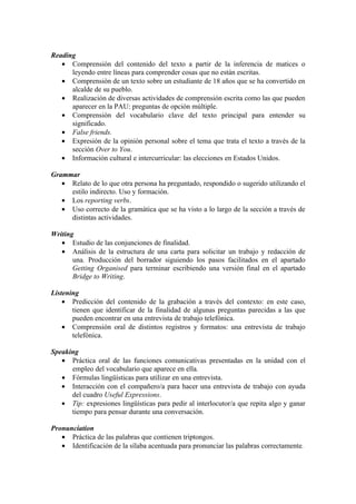 Reading
• Comprensión del contenido del texto a partir de la inferencia de matices o
leyendo entre líneas para comprender cosas que no están escritas.
• Comprensión de un texto sobre un estudiante de 18 años que se ha convertido en
alcalde de su pueblo.
• Realización de diversas actividades de comprensión escrita como las que pueden
aparecer en la PAU: preguntas de opción múltiple.
• Comprensión del vocabulario clave del texto principal para entender su
significado.
• False friends.
• Expresión de la opinión personal sobre el tema que trata el texto a través de la
sección Over to You.
• Información cultural e intercurricular: las elecciones en Estados Unidos.
Grammar
• Relato de lo que otra persona ha preguntado, respondido o sugerido utilizando el
estilo indirecto. Uso y formación.
• Los reporting verbs.
• Uso correcto de la gramática que se ha visto a lo largo de la sección a través de
distintas actividades.
Writing
• Estudio de las conjunciones de finalidad.
• Análisis de la estructura de una carta para solicitar un trabajo y redacción de
una. Producción del borrador siguiendo los pasos facilitados en el apartado
Getting Organised para terminar escribiendo una versión final en el apartado
Bridge to Writing.
Listening
• Predicción del contenido de la grabación a través del contexto: en este caso,
tienen que identificar de la finalidad de algunas preguntas parecidas a las que
pueden encontrar en una entrevista de trabajo telefónica.
• Comprensión oral de distintos registros y formatos: una entrevista de trabajo
telefónica.
Speaking
• Práctica oral de las funciones comunicativas presentadas en la unidad con el
empleo del vocabulario que aparece en ella.
• Fórmulas lingüísticas para utilizar en una entrevista.
• Interacción con el compañero/a para hacer una entrevista de trabajo con ayuda
del cuadro Useful Expressions.
• Tip: expresiones lingüísticas para pedir al interlocutor/a que repita algo y ganar
tiempo para pensar durante una conversación.
Pronunciation
• Práctica de las palabras que contienen triptongos.
• Identificación de la sílaba acentuada para pronunciar las palabras correctamente.
 