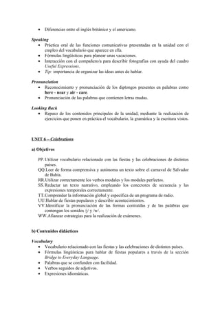 • Diferencias entre el inglés británico y el americano.
Speaking
• Práctica oral de las funciones comunicativas presentadas en la unidad con el
empleo del vocabulario que aparece en ella.
• Fórmulas lingüísticas para planear unas vacaciones.
• Interacción con el compañero/a para describir fotografías con ayuda del cuadro
Useful Expressions.
• Tip: importancia de organizar las ideas antes de hablar.
Pronunciation
• Reconocimiento y pronunciación de los diptongos presentes en palabras como
here - near y air - care.
• Pronunciación de las palabras que contienen letras mudas.
Looking Back
• Repaso de los contenidos principales de la unidad, mediante la realización de
ejercicios que ponen en práctica el vocabulario, la gramática y la escritura vistos.
UNIT 6 – Celebrations
a) Objetivos
PP.Utilizar vocabulario relacionado con las fiestas y las celebraciones de distintos
países.
QQ.Leer de forma comprensiva y autónoma un texto sobre el carnaval de Salvador
de Bahía.
RR.Utilizar correctamente los verbos modales y los modales perfectos.
SS.Redactar un texto narrativo, empleando los conectores de secuencia y las
expresiones temporales correctamente.
TT.Comprender la información global y específica de un programa de radio.
UU.Hablar de fiestas populares y describir acontecimientos.
VV.Identificar la pronunciación de las formas contraídas y de las palabras que
contengan los sonidos /j/ y /w/.
WW.Afianzar estrategias para la realización de exámenes.
b) Contenidos didácticos
Vocabulary
• Vocabulario relacionado con las fiestas y las celebraciones de distintos países.
• Fórmulas lingüísticas para hablar de fiestas populares a través de la sección
Bridge to Everyday Language.
• Palabras que se confunden con facilidad.
• Verbos seguidos de adjetivos.
• Expresiones idiomáticas.
 