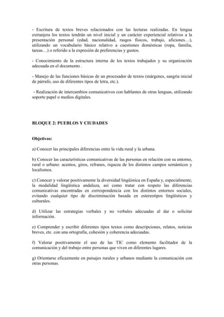 - Escritura de textos breves relacionados con las lecturas realizadas. En lengua
extranjera los textos tendrán un nivel inicial y un carácter experiencial relativos a la
presentación personal (edad, nacionalidad, rasgos físicos, trabajo, aficiones…),
utilizando un vocabulario básico relativo a cuestiones domésticas (ropa, familia,
tareas…) o referido a la expresión de preferencias y gustos.
- Conocimiento de la estructura interna de los textos trabajados y su organización
adecuada en el documento .
- Manejo de las funciones básicas de un procesador de textos (márgenes, sangría inicial
de párrafo, uso de diferentes tipos de letra, etc.).
- Realización de intercambios comunicativos con hablantes de otras lenguas, utilizando
soporte papel o medios digitales.
BLOQUE 2: PUEBLOS Y CIUDADES
Objetivos:
a) Conocer las principales diferencias entre la vida rural y la urbana.
b) Conocer las características comunicativas de las personas en relación con su entorno,
rural o urbano: acentos, giros, refranes, riqueza de los distintos campos semánticos y
localismos.
c) Conocer y valorar positivamente la diversidad lingüística en España y, especialmente,
la modalidad lingüística andaluza, así como tratar con respeto las diferencias
comunicativas encontradas en correspondencia con los distintos entornos sociales,
evitando cualquier tipo de discriminación basada en estereotipos lingüísticos y
culturales.
d) Utilizar las estrategias verbales y no verbales adecuadas al dar o solicitar
información.
e) Comprender y escribir diferentes tipos textos como descripciones, relatos, noticias
breves, etc. con una ortografía, cohesión y coherencia adecuadas.
f) Valorar positivamente el uso de las TIC como elemento facilitador de la
comunicación y del trabajo entre personas que viven en diferentes lugares.
g) Orientarse eficazmente en paisajes rurales y urbanos mediante la comunicación con
otras personas.
 