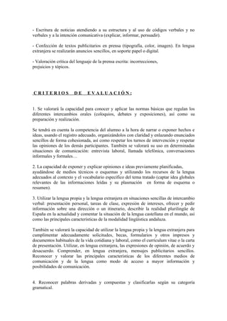 - Escritura de noticias atendiendo a su estructura y al uso de códigos verbales y no
verbales y a la intención comunicativa (explicar, informar, persuadir).
- Confección de textos publicitarios en prensa (tipografía, color, imagen). En lengua
extranjera se realizarán anuncios sencillos, en soporte papel o digital.
- Valoración crítica del lenguaje de la prensa escrita: incorrecciones,
prejuicios y tópicos.
C R I T E R I O S D E E V A L U A C I Ó N :
1. Se valorará la capacidad para conocer y aplicar las normas básicas que regulan los
diferentes intercambios orales (coloquios, debates y exposiciones), así como su
preparación y realización.
Se tendrá en cuenta la competencia del alumno a la hora de narrar o exponer hechos e
ideas, usando el registro adecuado, organizándolos con claridad y enlazando enunciados
sencillos de forma cohesionada, así como respetar los turnos de intervención y respetar
las opiniones de los demás participantes. También se valorará su uso en determinadas
situaciones de comunicación: entrevista laboral, llamada telefónica, conversaciones
informales y formales…
2. La capacidad de exponer y explicar opiniones e ideas previamente planificadas,
ayudándose de medios técnicos o esquemas y utilizando los recursos de la lengua
adecuados al contexto y el vocabulario específico del tema tratado (captar idea globales
relevantes de las informaciones leídas y su plasmación en forma de esquema o
resumen).
3. Utilizar la lengua propia y la lengua extranjera en situaciones sencillas de intercambio
verbal: presentación personal, tareas de clase, expresión de intereses, ofrecer y pedir
información sobre una dirección o un itinerario, describir la realidad plurilingüe de
España en la actualidad y comentar la situación de la lengua castellana en el mundo, así
como las principales características de la modalidad lingüística andaluza.
También se valorará la capacidad de utilizar la lengua propia y la lengua extranjera para
cumplimentar adecuadamente solicitudes, becas, formularios y otros impresos y
documentos habituales de la vida cotidiana y laboral, como el currículum vitae o la carta
de presentación. Utilizar, en lengua extranjera, las expresiones de opinión, de acuerdo y
desacuerdo. Comprender, en lengua extranjera, mensajes publicitarios sencillos.
Reconocer y valorar las principales características de los diferentes medios de
comunicación y de la lengua como modo de acceso a mayor información y
posibilidades de comunicación.
4. Reconocer palabras derivadas y compuestas y clasificarlas según su categoría
gramatical.
 