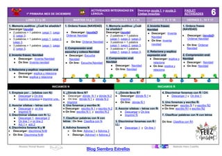 Rosario Porcel Bueno Belinda Haro Castilla
Blog Siembra Estrellas
1º PRIMARIA MES DE DICIEMBRE
ACTIVIDADES INTEGRADAS EN
LENGUA.
Descarga ayuda 1 y ayuda 2.
Código boquitas.
PADLET
ACTIVIDADES
LUNES 13 y 20 MARTES 14 y 21 MIÉRCOLES 1, 8 Y 15 JUEVES 2 , 9 Y 16 VIERNES 3 , 10 Y 17
1. Memoria auditiva: ¿Cuál he añadido?
Descargar:(ayuda)
• 2 palabras + 1 palabra: juego 1, juego
2, juego 3.
• 3 palabras + 1 palabra juego 1, juego 2,
juego 3.
• 3 palabras + 1 palabra: juego 1, juego
2, juego 3.
2. Inventa frases: Navidad
● Descargar: Inventa Navidad
● On line: Inventa navidad
3. Relaciona y explica: expresión oral
● Descargar: explica y relaciona
● On line: explica y relaciona
1. Ordena frases (NAVIDAD)
● Descargar: (ayuda2)
Ordenar Navidad
● On line: Ordenar Navidad
2. Comprensión oral:
escucha y coloca Navidad
● Descargar: Escucha
Navidad
● On line: Escucha Navidad
1. Memoria auditiva: ¿Cuál
he añadido?
Descargar:(ayuda)
• 2 palabras + 1 palabra:
juego 1, juego 2, juego 3.
• 3 palabras + 1 palabra
juego 1, juego 2, juego 3.
• 3 palabras + 1 palabra:
juego 1, juego 2, juego 3.
2. Comprensión oral:
Navidad
● Descargar: Navidad
● On line: Navidad
2. Inventa frases:
Navidad
● Descargar: Inventa
Navidad
● On line: Inventa
navidad
2. Relaciona y explica:
expresión oral
● Descargar: explica y
relaciona
● On line: explica y
relaciona
1. Ordena frases
(NAVIDAD)
● Descargar: (ayuda2)
Ordenar Navidad
● On line: Ordenar
Navidad
2. Comprensión oral:
Navidad
● Descargar: Navidad
● On line: Navidad
INICIAMOS N INICIAMOS Ñ
1. Empieza por… (sílabas con N):
● Descargar y On line
● Imprimir empieza e imprimir une..
2. Asociar sílabas – letras con N:
● Descargar y on line
● Imprimir N
3. Discriminar sílabas con N / L:
● Descargar 1, descargar 2
● On line 1 y on line 2
● Act 1 y acti 2
4. Discrimina fonema N y M
• Descargar: discrimina N-M
• On line: Discrimina N-M
5. ¿Dónde lleva N?
● Descargar: dónde N 1 y dónde N 2
● On line: dónde N 1 y dónde N 2
● Imprimir
6. Uno fonemas y escribo N:
● Descargar: escribo N 1 y escribo N 2
● On line: escribo N 1 y escribo N 2
7. Clasificar palabras con N con
letras On line: Clasifica con N
8. Adivina fonema N
• On line: Adivina 1 y Adivina 2
• Descrga: Adivina1 y Adivina 2
1. ¿Dónde lleva Ñ?
● Descargar: dónde Ñ 1 e
imprimir.
● On line: dónde Ñ 1
2. Asociar sílabas – letras con Ñ:
● Descargar y On line
● Imprimir Ñ
3. Discriminar fonemas con Ñ /
LL:
● Descargar 1 y On line 1
4. Discriminar fonemas con Ñ / CH:
● Descargar 1 y On line 1
5. Uno fonemas y escribo Ñ:
● Descargar: escribo Ñ 1 y escribo Ñ2
● On line: escribo Ñ1 y escribo Ñ2
7. Clasificar palabras con N con letras
On line: Clasifica con Ñ1
 