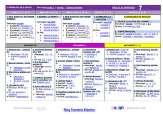 Rosario Porcel Bueno Belinda Haro Castilla
Blog Siembra Estrellas
1º PRIMARIA MES ENERO Descarga ayuda 1 y ayuda 2. Código boquitas. PADLET ACTIVIDADES
LUNES 10, 17, 24, 31 MARTES 11, 18, 25 MIÉRCOLES 12, 19, 26 JUEVES 13, 20, 27 VIERNES 14, 21, 28
1. MEM AUDITIVA: EN ORDEN
INVERSO
Descargar:(ayuda)
• 2 palabras: Actividad 1.1. ,
actividad 1.2, actividad 1.3.
• 3 palabras: Actividad 2.1.,
actividad 2.2, actividad 2.3.
• 4 palabras: Actividad 3.1.,
actividad 3.2., actividad 3.3.
1. ADIVINA: LA ROPA 1
Descargar: (ayuda2)
• Adivina Ropa1
• Adivina la Ropa2
• Adivina la Ropa 3
On line:
• Adivina la Ropa1
• Adivina la Ropa 2
• Adivina la Ropa 3
1. MEM AUDITIVA: EN ORDEN
INVERSO
Descargar:(ayuda)
• 2 palabras: Actividad 1.1. ,
actividad 1.2, actividad 1.3.
• 3 palabras: Actividad 2.1.,
actividad 2.2, actividad 2.3.
• 4 palabras: Actividad 3.1.,
actividad 3.2., actividad 3.3.
1. COMPLETA LA
ORACIÓN
Descargar: (ayuda2)
• completa 1
• completa 2
On line:
• Completa 1
• Completa 2
ACTIVIDADES DE REPASO
1. BUSCA LA LETRA DEL SONIDO….
Descargar: (ayuda) Actividad 2.1. y 2.2
On line: Actividad 2.1. y 2.2.
2. EMPIEZAN IGUAL
Descargar: (ayuda) Actividad 1, activ. 2 y activ. 3
On line: Actividad 1, actividad 2 y actividad 3.
INICIAMOS D INICIAMOS J INICIAMOS Y - LL
1. Empieza por… (sílabas
D):
● Descargar y On line
● Imprimir empieza y
une
2. Asociar sílabas – letras
D:
● Descargar y on line
● Imprimir D
3. Discriminar sílabas con
D / L:
● Descargar 1,
descargar 2
● On line 1 y on line
2
4. ¿Dónde lleva D?
● Descarga: dónde D1 y
D2
● On line: dónde D1 y
dónde D2
● Imprimir: dónde lleva D
5. Discrimina fonema
D/L y D/R
• Descargar: D-L y D-
R
• On line: D-L y D-R
6. Uno fonemas y
escribo D:
● Descargar: escribo
D1 y D2
● On line: escribo D1 y
escribo D2
7. Clasificar palabras
con D con letras On
line: Clasifica con D
8. Adivina fonema D
• On line: Adivina 1 y
Adivina 2
• Descarga: Adivina1
y Adivina 2
1. Empieza por… (sílabas
J):
● Descargar y On line
● Imprimir empieza y une
2. Asociar sílabas – letras
J:
● Descargar y On line
● Imprimir J
3. Discriminar sílabas con
G/ J:
● Descarga 1 y descarga 2
● On line 1 y on line 2
4. ¿Dónde lleva j?
● Imprimir: dónde J
● Descargar. J1 y J2
● On line: J1 y J2
5. Clasificar palabras con J
con letras
• On line: actividad con J
6. Discriminar
fonemas con J-K:
● Descargar 1
● On line 1
7. Uno fonemas y
escribo J:
● Descargar: escribo
J 1 y escribo J2
● On line: escribo J1 y
escribo J2
8. Adivina fonema J
• Descarga: Adivina 1
y adivina 2
• On line: Adivina 1 y
adivina 2
9. Discriminar
fonemas con J-G:
● Descargar 1
● On line 1
1. Empieza por… LL y Y:
● Descargar y On line
● Imprimir empieza y une
2. Asociar sílabas – letras :
● Descargar LL y descarga Y
● On line LL y on line Y
● Imprimir LL e imprimir Y
3. Discriminar sílabas con
LL/ CH:
● Descarga 1 y descarga 2
● On line 1 y on line 2
4. ¿Dónde lleva LL - Y?
● Descargar: dónde 1 y
dónde 2
● imprimir. Dónde LL
● On line: dónde 1 y dónde
2
5. Uno fonemas y escribo
Y:
● Descargar: escribo Y 1 y
escribo Y2
● On line: escribo Y1 y
escribo Y2
6. Uno fonemas y escribo
LL:
● Descargar: escribo LL 1 y
escribo LL2
● On line: escribo LL1 y
escribo LL2
7. Adivina fonema LL
• Descarga: LL 1 y LL 2
• On line: LL 1 y LL 2
8. Discrimina LL -Ñ y CH-LL
● Descargar: LL -Ñ y CH-LL
● On line: LL- Ñ y CH-LL
 
