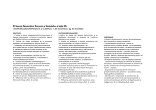 El Sexenio Democrático. Economía y Sociedad en el siglo XIX.
TEMPORALIZACIÓN PREVISTA: 2 SEMANAS- 6 de diciembre a 22 de diciembre
OBJETIVOS
1. Valorar el primer ensayo democrático que supuso el
Sexenio Democrático y sintetizar la evolución seguida
por Castilla-La Mancha en este período.
2. Conocer los rasgos principales de la economía
española y sus cambios básicos durante el siglo XIX.
3. Interpretar las características de la estructura social
en la España del siglo XIX y sus transformaciones básicas
4. Identificar y explicar las notas distintivas de las
diferentes opciones políticas presentes en España en
este período.
5. Analizar los antecedentes y factores que han
conformado los hechos históricos, y comprender la
multicausalidad en los mismos.
6. Emplear con propiedad la terminología y el
vocabulario histórico y aplicar las técnicas elementales
de comentario de texto y de interpretación de mapas,
gráficos y otras fuentes históricas.
7. Valorar el significado del reconocimiento jurídico de
las libertades políticas en textos constitucionales.
8. Valorar de los postulados democráticos y sociales en
relación con la teoría del liberalismo conservador.
9. Reflexionar sobre la violencia como arma política, su
dimensión ética y su falta de sentido
CRITERIOS DE EVALUACIÓN
1.Explica las etapas del Sexenio Democrático y su
significado, destacando la situación de Castilla-La
Mancha en este período.
2. Analiza los problemas y cambios económicos del
siglo XIX en España y en Castilla-La Mancha.
3.1. Analiza y explica la problemática y las
consecuencias de las transformaciones agrarias en la
España isabelina, manejando textos que aclaran el
proceso, sus motivaciones y consecuencias
4.1. Distingue los programas de las distintas corrientes
políticas de la época.
5. Analiza los antecedentes y factores que han
conformado los hechos históricos, y comprende la
multicausalidad en los mismos.
6. Emplea con propiedad la terminología y el
vocabulario histórico y aplica las técnicas elementales de
comentario de texto y de interpretación de mapas,
gráficos y otras fuentes.
7. Valora el significado del reconocimiento jurídico de
las libertades políticas en textos constitucionales.
8. Valora los postulados democráticos en relación con la
teoría del liberalismo conservador.
9. Reflexiona positivamente sobre la violencia como
arma política, su dimensión ética y su falta de sentido
CONTENIDOS
-El Sexenio Revolucionario: intentos democratizadores.
De la revolución al ensayo republicano.
-Transformaciones económicas. Proceso de
desamortización y cambios agrarios. Las peculiaridades
de la incorporación de España a la revolución industrial.
Modernización de las infraestructuras: el ferrocarril.
-Transformaciones sociales y culturales. Evolución
demográfica de la sociedad estamental a la sociedad
de clases. Génesis y desarrollo del movimiento obrero en
España. Cambio en las mentalidades.
-La situación económica y social en Castilla-La Mancha.
- Localización en el tiempo y en el espacio de procesos,
estructura y acontecimientos relevantes de la historia de
España, identificando sus componentes económicos,
sociales y políticos
- Organización e interpretación de información
procedente de fuentes primarias y secundarias: textos,
mapas, gráficos y estadísticas.
- Identificación y comprensión de los elementos de
causalidad que se dan en los procesos de evolución y
cambios relevantes para la historia de España y para la
configuración de la realidad española actual.
 