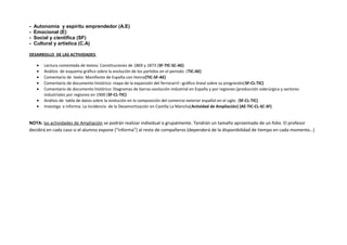 - Autonomía y espíritu emprendedor (A.E)
- Emocional (E)
- Social y científica (SF)
- Cultural y artística (C.A)
DESARROLLO DE LAS ACTIVIDADES
• Lectura comentada de textos: Constituciones de 1869 y 1873 (SF-TIC-SC-AE)
• Análisis de esquema gráfico sobre la evolución de los partidos en el periodo (TIC-AE)
• Comentario de texto: Manifiesto de España con Honra(TIC-SF-AE)
• Comentario de documento histórico: mapa de la expansión del ferrocarril –gráfico lineal sobre su progresión(SF-CL-TIC)
• Comentario de documento histórico: Diagramas de barras-evolución industrial en España y por regiones (producción siderúrgica y sectores
industriales por regiones en 1900 (SF-CL-TIC)
• Análisis de tabla de datos sobre la evolución en la composición del comercio exterior español en el siglo. (SF-CL-TIC)
• Investiga e informa: La incidencia de la Desamortización en Castilla La Mancha(Actividad de Ampliación) (AE-TIC-CL-SC-SF)
NOTA: las actividades de Ampliación se podrán realizar individual o grupalmente. Tendrán un tamaño aproximado de un folio. El profesor
decidirá en cada caso si el alumno expone (“informa”) al resto de compañeros (dependerá de la disponibilidad de tiempo en cada momento…)
 