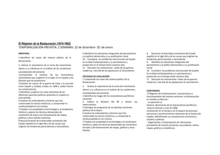El Régimen de la Restauración (1874-1902)
TEMPORALIZACIÓN PREVISTA: 2 SEMANAS- 22 de diciembre- 20 de enero
OBJETIVOS
1.Identificar las claves del sistema político de la
Restauración
2. Valorar la importancia de la lucha del movimiento
obrero y su influencia en el análisis de las condiciones
sociolaborales del presente.
3.Comprender el carácter de los movimientos
nacionalistas que surgieron en el siglo XIX en España y los
factores que los propiciaron.
4.Analizar las causas de la guerra de Cuba y la ocurrida
entre España y Estados Unidos en 1898 y cuáles fueron
sus consecuencias.
5.Identificar y explicar las notas distintivas de las
diferentes opciones políticas presentes en España en
este período.
6.Analizar los antecedentes y factores que han
conformado los hechos históricos, y comprender la
multicausalidad en los mismos.
7.Emplear con propiedad la terminología y el vocabulario
histórico y aplicar las técnicas elementales de
comentario de texto y de interpretación de mapas,
gráficos y otras fuentes históricas.
8.Reconocimiento de la diversidad constitutiva del
Estado español en el siglo XIX y de las causas que
originan las tendencias particularistas y nacionalistas
9.Identificar los elementos integrantes del pensamiento
y la política democrática y su justificación moral
10. Considerar los problemas estructurales de España
en la Edad Contemporánea y su permanencia y
proyección en el tiempo hasta nuestros días.
11. Descubrir las motivaciones reales de las guerras
modernas, más allá de las apelaciones al nacionalismo
CRITERIOS DE EVALUACIÓN
1.Comprende las claves del sistema político de la
Restauración
2. Analiza la importancia de la lucha del movimiento
obrero y su influencia en el análisis de las condiciones
sociolaborales del presente.
3.Identifica los rasgos de los nacionalismos periféricos
nacientes
4. Explica el desastre del 98 y valorar sus
repercusiones.
5.Distingue los programas de las distintas corrientes
políticas de la época.
6.Analiza los antecedentes y factores que han
conformado los hechos históricos, y comprende la
multicausalidad en los mismos.
7.Emplea con propiedad la terminología y el vocabulario
histórico y aplica las técnicas elementales de comentario
de texto y de interpretación de mapas, gráficos y otras
fuentes.
8. Reconoce la diversidad constitutiva del Estado
español en el siglo XIX y de las causas que originan las
tendencias particularistas y nacionalistas
9. Identifica los elementos integrantes del
pensamiento y la política democrática y su justificación
moral
10. Considera los problemas estructurales de España
en la Edad Contemporánea y su permanencia y
proyección en el tiempo hasta nuestros días.
11. Descubre las motivaciones reales de las guerras
modernas, más allá de las apelaciones al nacionalismo
CONTENIDOS
-El Régimen de la Restauración. Características y
funcionamiento del sistema canovista. La Restauración
en Castilla-La Mancha.-
- La oposición al
Sistema. Nacimiento de los Nacionalismo periféricos.
-Guerra Colonial y crisis de 1898.
Localización en el tiempo y en el espacio de procesos,
estructura y acontecimientos relevantes de la historia de
España, identificando sus componentes económicos,
sociales y políticos
- Organización e interpretación de información
procedente de fuentes primarias y secundarias: textos,
mapas, gráficos y estadísticas.
 