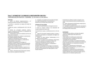 Tema 7.- ALFONSO XIII Y LA CRISIS DE LA RESTAURACIÓN (1902-1931)
TEMPORALIZACIÓN PREVISTA: 3 SEMANAS- 20 de enero a 14 de febrero
OBJETIVOS
1. Definir los distintos regeneracionismos y el
revisionismo político del primer tercio del siglo XX.
2. Identificar y caracterizar las etapas del reinado de
Alfonso XIII
3.Señalar las causas y manifestaciones de la crisis de
1917
4. Analizar los principales problemas políticos,
sociales y económicos que llevaron a la liquidación del
régimen de la Restauración
5. Comprender las claves de la Dictadura de Primo de
Rivera y de su evolución.
6.Interpretar el proceso que condujo a la proclamación
de la Segunda República española
7.Analizar los antecedentes y factores que han
conformado los hechos históricos, y comprender la
multicausalidad en los mismos.
8.Emplear con propiedad la terminología y el
vocabulario histórico y aplicar las técnicas elementales
de comentario de texto y de interpretación de mapas,
gráficos y otras fuentes históricas.
9.Interpretar los conflictos sociales en relación con el
mayor o menor bienestar social y la distribución de la
renta.
10. Valorar críticamente de las dimensiones morales
de los sistemas y regímenes dictatoriales
11. Considerar los problemas estructurales de España
en la Edad Contemporánea y su permanencia y
proyección en el tiempo hasta nuestros días.
CRITERIOS DE EVALUACIÓN
1. Conoce los planteamientos del regeneracionismo
2. Analiza los aspectos políticos más destacados del
reinado de Alfonso XIII hasta 1923
3.Comprende las causas y manifestaciones de la crisis de
1917
4. Explica los principales problemas políticos, sociales y
económicos que llevaron a la liquidación del régimen de
la Restauración
5. Señala las líneas políticas fundamentales de la
Dictadura de Primo de Rivera.
6. Conoce los aspectos más significativos relacionados
con la crisis y caída de la monarquía de Alfonso XIII.
7.Analiza los antecedentes y factores que han
conformado los hechos históricos, y comprender la
multicausalidad en los mismos.
8.Emplea con propiedad la terminología y el vocabulario
histórico y aplicar las técnicas elementales de comentario
de texto y de interpretación de mapas, gráficos y otras
fuentes históricas.
9.Interpreta los conflictos sociales en relación con el
mayor o menor bienestar social y la distribución de la
renta.
10. Valora críticamente las dimensiones morales de los
sistemas y regímenes dictatoriales
11. Considera los problemas estructurales de España en
la Edad Contemporánea y su permanencia y proyección
en el tiempo hasta nuestros días.
CONTENIDOS
-Transformaciones políticas a principios de siglo XX:
intentos de modernización del sistema de la
Restauración.
-Crisis y quiebra de la Monarquía constitucional.
Conflictividad social. El problema de Marruecos.
-La Dictadura de Primo de Rivera.
-Localización en el tiempo y en el espacio de procesos,
estructura y acontecimientos relevantes de la historia de
España, identificando sus componentes económicos,
sociales y políticos
- Organización e interpretación de información
procedente de fuentes primarias y secundarias: textos,
mapas, gráficos y estadísticas.
- Identificación y comprensión de los elementos de
causalidad que se dan en los procesos de evolución y
cambios relevantes para la historia de España y para la
configuración de la realidad española actual.
 