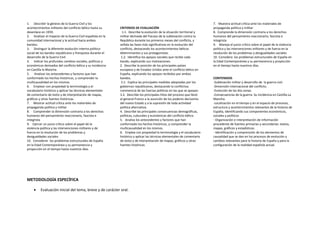 1. Describir la génesis de la Guerra Civil y los
acontecimientos militares del conflicto bélico hasta su
desenlace en 1939.
2. Analizar el impacto de la Guerra Civil española en la
comunidad internacional y la actitud hacia ambos
bandos.
3. Distinguir la diferente evolución interna político-
social de los bandos republicano y franquista durante el
desarrollo de la Guerra Civil.
4. Indicar los profundos cambios sociales, políticos y
económicos derivados del conflicto bélico y su incidencia
en Castilla la Mancha.
5. Analizar los antecedentes y factores que han
conformado los hechos históricos, y comprender la
multicausalidad en los mismos.
6. Emplear con propiedad la terminología y el
vocabulario histórico y aplicar las técnicas elementales
de comentario de texto y de interpretación de mapas,
gráficos y otras fuentes históricas.
7. Mostrar actitud crítica ante los materiales de
propaganda política y militar
8. Comprender la dimensión contraria a los derechos
humanos del pensamiento reaccionario, fascista e
integrista
9. Ejercer un juicio crítico sobre el papel de la
violencia política y las intervenciones militares y de
fuerza en la resolución de los problemas y
desigualdades sociales
10. Considerar los problemas estructurales de España
en la Edad Contemporánea y su permanencia y
proyección en el tiempo hasta nuestros días.
CRITERIOS DE EVALUACIÓN
1.1. Describe la evolución de la situación territorial y
militar derivada del fracaso de la sublevación contra la
República durante los primeros meses del conflicto, y
señala las fases más significativas en la evolución del
conflicto, destacando los acontecimientos bélicos
determinantes y sus protagonistas.
1.2. Identifica los apoyos sociales que recibe cada
bando, explicando sus motivaciones.
2. Describe la posición de los principales países
europeos y de Estados Unidos ante el conflicto bélico en
España, explicando los apoyos recibidos por ambos
bandos.
3.1. Explica las principales medidas adoptadas por los
gobiernos republicanos, destacando la conflictiva
convivencia de las fuerzas políticas en las que se apoyan.
3.2. Describe los principales hitos del proceso que llevó
al general Franco a la asunción de los poderes decisorios
del nuevo Estado y a la supresión de toda actividad
política alternativa.
4. Describe las principales consecuencias demográficas,
políticas, culturales y económicas del conflicto bélico.
5. Analiza los antecedentes y factores que han
conformado los hechos históricos, y comprender la
multicausalidad en los mismos.
6. Emplea con propiedad la terminología y el vocabulario
histórico y aplicar las técnicas elementales de comentario
de texto y de interpretación de mapas, gráficos y otras
fuentes históricas.
7. Muestra actitud crítica ante los materiales de
propaganda política y militar
8. Comprende la dimensión contraria a los derechos
humanos del pensamiento reaccionario, fascista e
integrista
9. Maneja el juicio crítico sobre el papel de la violencia
política y las intervenciones militares y de fuerza en la
resolución de los problemas y desigualdades sociales
10. Considera los problemas estructurales de España en
la Edad Contemporánea y su permanencia y proyección
en el tiempo hasta nuestros días.
CONTENIDOS
-Sublevación militar y desarrollo de la guerra civil.
-Dimensión internacional del conflicto.
-Evolución de las dos zonas.
-Consecuencias de la guerra. Su incidencia en Castilla-La
Mancha.
-Localización en el tiempo y en el espacio de procesos,
estructura y acontecimientos relevantes de la historia de
España, identificando sus componentes económicos,
sociales y políticos
- Organización e interpretación de información
procedente de fuentes primarias y secundarias: textos,
mapas, gráficos y estadísticas.
- Identificación y comprensión de los elementos de
causalidad que se dan en los procesos de evolución y
cambios relevantes para la historia de España y para la
configuración de la realidad española actual.
METODOLOGÍA ESPECÍFICA
• Evaluación inicial del tema, breve y de carácter oral.
 