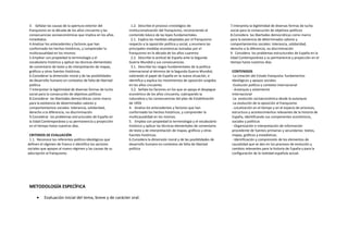 3. Señalar las causas de la apertura exterior del
franquismo en la década de los años cincuenta y las
consecuencias socioeconómicas que implica en los años
inmediatos.
4.Analizar los antecedentes y factores que han
conformado los hechos históricos, y comprender la
multicausalidad en los mismos.
5.Emplear con propiedad la terminología y el
vocabulario histórico y aplicar las técnicas elementales
de comentario de texto y de interpretación de mapas,
gráficos y otras fuentes históricas.
6.Considerar la dimensión moral y de las posibilidades
de desarrollo humano en contextos de falta de libertad
política
7.Interpretar la legitimidad de diversas formas de lucha
social para la consecución de objetivos políticos
8.Considerar las libertades democráticas como marco
para la existencia de determinados valores y
comportamientos sociales: tolerancia, solidaridad,
derecho a la diferencia, no discriminación
9.Considerar los problemas estructurales de España en
la Edad Contemporánea y su permanencia y proyección
en el tiempo hasta nuestros días.
CRITERIOS DE EVALUACIÓN
1.1. Reconoce los referentes político-ideológicos que
definen el régimen de Franco e identifica los sectores
sociales que apoyan al nuevo régimen y las causas de su
adscripción al franquismo.
1.2. Describe el proceso cronológico de
institucionalización del franquismo, reconociendo el
contenido básico de las leyes fundamentales.
2.1. Explica las medidas adoptadas por el franquismo
respecto a la oposición política y social, y enumera las
principales medidas económicas tomadas por el
franquismo en la década de los años cuarenta.
2.2. Describe la actitud de España ante la Segunda
Guerra Mundial y sus consecuencias.
3.1. Describe los rasgos fundamentales de la política
internacional al término de la Segunda Guerra Mundial,
valorando el papel de España en la nueva situación, e
identifica y explica los movimientos de oposición surgidos
en los años cincuenta.
3.2. Señala los factores en los que se apoya el despegue
económico de los años cincuenta, subrayando la
naturaleza y las consecuencias del plan de Estabilización
de 1959
4. Analiza los antecedentes y factores que han
conformado los hechos históricos, y comprender la
multicausalidad en los mismos.
5. Emplea con propiedad la terminología y el vocabulario
histórico y aplicar las técnicas elementales de comentario
de texto y de interpretación de mapas, gráficos y otras
fuentes históricas.
6.Considera la dimensión moral y de las posibilidades de
desarrollo humano en contextos de falta de libertad
política
7.Interpreta la legitimidad de diversas formas de lucha
social para la consecución de objetivos políticos
8.Considera las libertades democráticas como marco
para la existencia de determinados valores y
comportamientos sociales: tolerancia, solidaridad,
derecho a la diferencia, no discriminación
9. Considera los problemas estructurales de España en la
Edad Contemporánea y su permanencia y proyección en el
tiempo hasta nuestros días.
CONTENIDOS
-La creación del Estado franquista: fundamentos
ideológicos y apoyos sociales.
-Evolución política y contexto internacional
- Autarquía y aislamiento
Internacional
-La evolución socioeconómica desde la autarquía
-La evolución de la oposición al franquismo
.-Localización en el tiempo y en el espacio de procesos,
estructura y acontecimientos relevantes de la historia de
España, identificando sus componentes económicos,
sociales y políticos
- Organización e interpretación de información
procedente de fuentes primarias y secundarias: textos,
mapas, gráficos y estadísticas.
- Identificación y comprensión de los elementos de
causalidad que se dan en los procesos de evolución y
cambios relevantes para la historia de España y para la
configuración de la realidad española actual.
METODOLOGÍA ESPECÍFICA
• Evaluación inicial del tema, breve y de carácter oral.
 