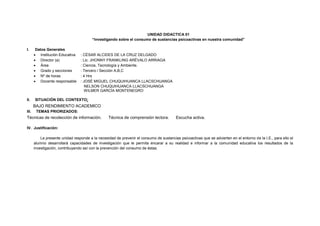 UNIDAD DIDACTICA 01
“Investigando sobre el consumo de sustancias psicoactivas en nuestra comunidad”
I. Datos Generales
 Institución Educativa : CÉSAR ALCIDES DE LA CRUZ DELGADO
 Director (a) : Lic. JHONNY FRANKLING ARÉVALO ARRIAGA
 Área : Ciencia, Tecnología y Ambiente.
 Grado y secciones : Tercero / Sección A,B,C
 Nº de horas : 4 Hrs
 Docente responsable : JOSÉ MIGUEL CHUQUIHUANCA LLACSCHUANGA
NELSON CHUQUIHUANCA LLACSCHUANGA
WILMER GARCÍA MONTENEGRO
II. SITUACIÒN DEL CONTEXTO:
BAJO RENDIMIENTO ACADEMICO
III. TEMAS PRIORIZADOS:
Técnicas de recolección de información. Técnica de comprensión lectora. Escucha activa.
IV. Justificación:
La presente unidad responde a la necesidad de prevenir el consumo de sustancias psicoactivas que se advierten en el entorno de la I.E., para ello el
alumno desarrollará capacidades de investigación que le permita encarar a su realidad e informar a la comunidad educativa los resultados de la
investigación, contribuyendo así con la prevención del consumo de éstas.
 