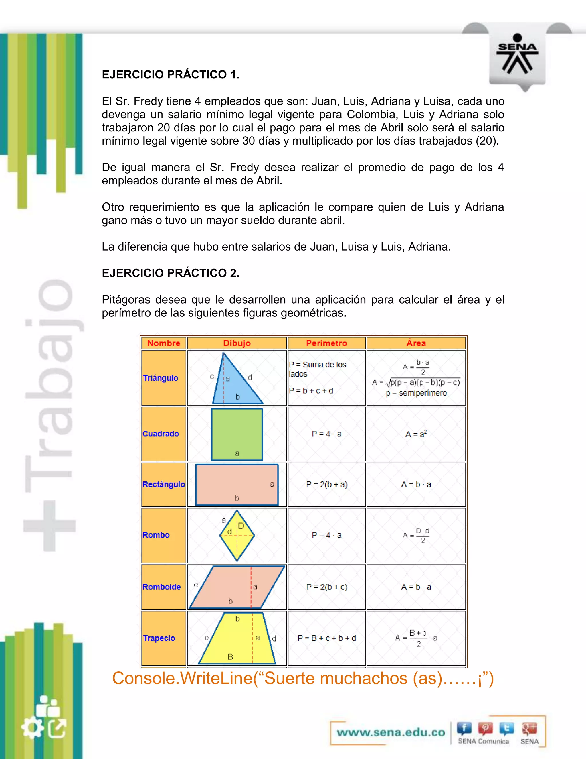 EJERCICIO PRÁCTICO 1.
El Sr. Fredy tiene 4 empleados que son: Juan, Luis, Adriana y Luisa, cada uno
devenga un salario mínimo legal vigente para Colombia, Luis y Adriana solo
trabajaron 20 días por lo cual el pago para el mes de Abril solo será el salario
mínimo legal vigente sobre 30 días y multiplicado por los días trabajados (20).
De igual manera el Sr. Fredy desea realizar el promedio de pago de los 4
empleados durante el mes de Abril.
Otro requerimiento es que la aplicación le compare quien de Luis y Adriana
gano más o tuvo un mayor sueldo durante abril.
La diferencia que hubo entre salarios de Juan, Luisa y Luis, Adriana.
EJERCICIO PRÁCTICO 2.
Pitágoras desea que le desarrollen una aplicación para calcular el área y el
perímetro de las siguientes figuras geométricas.
Console.WriteLine(“Suerte muchachos (as)……¡”)
 