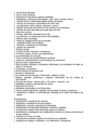  Secuencias temporales. 
 Suma y resta: iniciación. 
 Operaciones matemáticas: agregar cantidades. 
 Propiedades y relaciones de los objetos: color, forma, tamaño, textura. 
 Cambios físicos e intelectuales ligados al paso del tiempo. 
 Proceso de nacimiento y desarrollo de los seres vivos. 
 Las estaciones: otoño, invierno, primavera y verano. 
 Relación del tiempo atmosférico con los cambios en la naturaleza. 
 Prendas de vestir adecuadas para cada época del año. 
 Días de la semana. 
 El barrio, elementos relevantes de la calle. 
 Los alimentos y su repercusión para la vida saludable. 
 Distintos tipos de paisajes. 
 Modos de desplazamiento de los animales. 
 Cualidades táctiles de los objetos. 
 Reciclado y reutilización de materiales. 
 Lugares de vacaciones. 
 El grupo escolar. 
 El grupo familiar, relaciones y parentescos. 
 El entorno escolar, el aula y sus dependencias. 
 Los profesionales de la escuela. 
 Usos y funciones de las dependencias escolares. 
 Pautas de comportamiento y normas básicas de convivencia. 
 Tipos de casas y dependencias. 
 Tipos de juegos: individual y compartido, tradicionales, con materiales o sin ellos, de 
interior o de exterior. 
 Transportes y profesiones. 
 Normas básicas de educación vial. 
 Servicios e instituciones. 
 Los medios de comunicación e información: utilidad y función. 
 Objetos, utensilios, profesiones y espacios relacionados con los medios de 
comunicación. 
 Fórmulas de cortesía: «Buenos días», «Por favor», «Gracias», etc. 
 Habilidades sociales y demostración de afecto. 
 Capacidad de escucha. 
 Actividades relacionadas con el tiempo libre. 
 Formas sociales del tiempo: Navidad, Semana Santa, Carnaval, vacaciones… 
 Costumbres y folklore y manifestaciones culturales de la propia comunidad y las 
ajenas. 
Procedimientos: 
 Identificación y trazado de los números. 
 Realización y verbalización de series lógicas. 
 Clasificación, recuento y agrupación de elementos. 
 Clasificaciones de elementos atendiendo a distintas cualidades. 
 Comparación y relación entre elementos según sus atributos. 
 Identificación e investigación de la utilidad de los números en diversos elementos de 
la vida cotidiana. 
 Iniciación a la suma y la resta. 
 Comparación de distintos objetos en función de sus cualidades. 
 Agrupación de objetos a tendiendo a sus diferencias y semejanzas. 
 