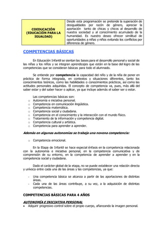 COEDUCACIÓN 
(EDUCACIÓN PARA LA 
IGUALDAD) 
Desde esta programación se pretende la superación de 
desigualdades por razón de género, apreciar la 
aportación tanto de chicas y chicos al desarrollo de 
nuestra sociedad y al conocimiento acumulado de la 
humanidad. Es nuestro deseo ofrecer similitud de 
oportunidades a niñas y niños evitando los conflictos por 
diferencia de género. 
COMPETENCIAS BÁSICAS 
En Educación Infantil se sientan las bases para el desarrollo personal y social de 
las niñas y los niños y se integran aprendizajes que están en la base del logro de las 
competencias que se consideran básicas para todo el alumnado. 
Se entiende por competencia la capacidad del niño y de la niña de poner en 
práctica de forma integrada, en contextos y situaciones diferentes, tanto los 
conocimientos teóricos, como las habilidades o conocimientos prácticos, así como las 
actitudes personales adquiridas. El concepto de competencia va, pues, más allá del 
saber estar y del saber hacer o aplicar, ya que incluye además el saber ser o estar. 
Las competencias básicas son: 
o Autonomía e iniciativa personal. 
o Competencia en comunicación lingüística. 
o Competencia matemática. 
o Competencia social y ciudadana. 
o Competencia en el conocimiento y la interacción con el mundo físico. 
o Tratamiento de la información y competencia digital. 
o Competencia cultural y artística. 
o Competencia para aprender a aprender. 
Además en algunas autonomías se trabaja una novena competencia: 
o Competencia emocional. 
En la Etapa de Infantil se hace especial énfasis en la competencia relacionada 
con la autonomía e iniciativa personal, en la competencia comunicativa y de 
comprensión de su entorno, en la competencia de aprender a aprender y en la 
competencia social y ciudadana. 
Dado el carácter global de la etapa, no se puede establecer una relación directa 
y unívoca entre cada una de las áreas y las competencias, ya que: 
- Una competencia básica se alcanza a partir de las aportaciones de distintas 
áreas. 
- Cada una de las áreas contribuye, a su vez, a la adquisición de distintas 
competencias. 
COMPETENCIAS BÁSICAS PARA 4 AÑOS 
AUTONOMÍA E INICIATIVA PERSONAL 
 Adquirir progresivo control sobre el propio cuerpo, afianzando la imagen personal. 
 
