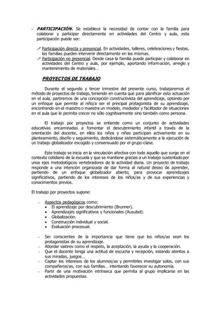 - PARTICIPACIÓN. Se establece la necesidad de contar con la familia para 
colaborar y participar directamente en actividades del Centro y aula, esta 
participación puede ser: 
 Participación directa y presencial. En actividades, talleres, celebraciones y fiestas, 
las familias pueden intervenir directamente en las mismas. 
 Participación no presencial. Desde casa la familia puede participar y colaborar en 
actividades del Centro y aula, por ejemplo, aportando información, arreglo y 
mantenimiento de materiales… 
PROYECTOS DE TRABAJO 
Durante el segundo y tercer trimestre del presente curso, trabajaremos el 
método de proyectos de trabajo, teniendo en cuenta que para planificar esta actuación 
en el aula, partiremos de una concepción constructivista del aprendizaje, optando por 
un enfoque que permite al niño/a ser el principal protagonista de su aprendizaje, 
encontrando en el maestro o maestra un modelo, mediador y facilitador de situaciones 
en el aula que le permita crecer no sólo cognitivamente sino también como persona. 
El trabajo por proyectos se entiende como un conjunto de actividades 
educativas encaminadas a fomentar el descubrimiento infantil a través de la 
orientación del docente, en ellos los niños y niñas participan activamente en su 
planteamiento, diseño y seguimiento, dedicándose sistemáticamente a la ejecución de 
un trabajo globalizador escogido y consensuado por el grupo-clase. 
Este trabajo se inicia en la vinculación afectiva con todo aquello que surge en el 
contexto cotidiano de la escuela y que se mantiene gracias a un trabajo sustentado por 
unos ejes metodológicos vertebradores de la actividad diaria. Un proyecto de trabajo 
responde a una intención organizada de dar forma al natural deseo de aprender, 
partiendo de un enfoque globalizador abierto, para provocar aprendizajes 
significativos, partiendo de los intereses de los niños/as y de sus experiencias y 
conocimientos previos. 
El trabajo por proyectos supone: 
- Aspectos pedagógicos como: 
 El aprendizaje por descubrimiento (Brunner). 
 Aprendizajes significativos y funcionales (Ausubel). 
 Globalización. 
 Construcción individual y social. 
 Evaluación procesual. 
- Ser conscientes de la importancia que tiene que los niños/as sean los 
protagonistas de su aprendizaje. 
- Abordar valores como el respeto, la aceptación, la ayuda y la cooperación. 
- Que el docente tenga una actitud de escucha y recepción, estando atentos a 
sus miradas, juegos… 
- Captar los intereses de los alumnos/as y permitirles investigar solos, con sus 
compañeros/as, con sus familias… intentando favorecer su autonomía. 
- Partir de una motivación intrínseca que permita al grupo implicarse en las 
actividades propuestas. 
 