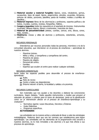  Material escolar y material fungible: lápices, ceras, rotuladores, gomas, 
sacapuntas, tipos de papel, tijeras, pegamentos, pinceles, acuarelas, témperas, 
pinturas de dedos, punzones, plastilina, pasta de modelar, moldes y cuchillos de 
plastilina... 
 Material impreso: libros de los alumnos/as y profesores, soportes gráficos y de 
textos, murales, cuentos, revistas, fotografías, folletos… 
 Juegos y juguetes: todos los expuestos en el apartado de rincones. Instrumentos 
musicales, bloques lógicos, títeres y marionetas, mascotas de clase... 
 Material de psicomotricidad: pelotas, cuerdas, zancos, aros, discos, conos, 
telas, túneles... 
 Mobiliario: mesas y sillas de alumnos y profesores, estanterías, armarios, 
perchas... 
RECURSOS PERSONALES 
Entendemos por recursos personales todas las personas, miembros o no de la 
comunidad educativa, que intervienen en el proceso de enseñanza – aprendizaje de 
nuestros alumnos. 
- Maestras tutoras. 
- Niños y niñas, y compañeros y compañeras del centro. 
- Maestros de apoyo. 
- Maestra de religión. 
- Personal del centro. 
- Familias. 
- Expertos que acuden al centro para realizar cualquier actividad. 
RECURSOS AMBIENTALES 
Serán todos los espacios posibles para desarrollar el proceso de enseñanza-aprendizaje: 
 Aulas. 
 Patio de recreo 
 Centro y todas sus dependencias 
 Entorno natural: el barrio, la localidad y salidas a la provincia. 
RECURSOS CURRICULARES 
Son materiales que nos ayudan a los docentes a elaborar las concreciones 
curriculares. Según Zabalza, “todos aquellos instrumentos y medios que proveen al 
educador de pautas y criterios para la toma de decisiones, tanto en la planificación 
como en la intervención directa en el proceso de Enseñanza-Aprendizaje y su 
evaluación”. 
 Normativa vigente: Leyes Educativas, Decretos y Órdenes 
 Guías Didácticas 
 Programas específicos. 
ACTIVIDADES 
Las actividades son la manera activa y ordenada de llevar a cabo las estrategias 
metodológicas. Podemos decir que son los caminos que establecemos para lograr 
aprendizajes. Las actividades son los elementos de la programación más cercano a 
nuestros alumnos, es lo más inmediato a los alumnos y lo que más afecta a sus 
procesos de aprendizaje. 
 