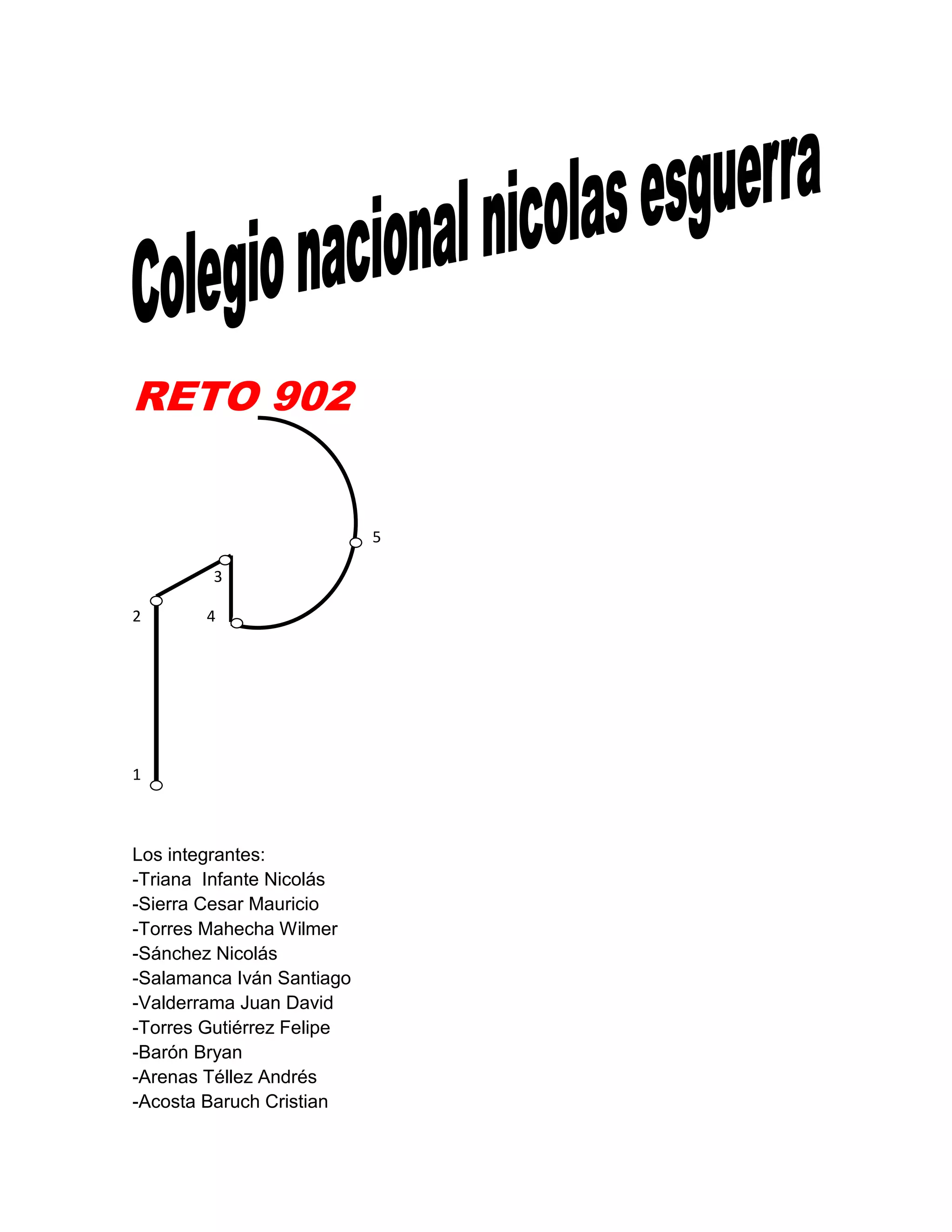 RETO 902
5
3
2 4
1
Los integrantes:
-Triana Infante Nicolás
-Sierra Cesar Mauricio
-Torres Mahecha Wilmer
-Sánchez Nicolás
-Salamanca Iván Santiago
-Valderrama Juan David
-Torres Gutiérrez Felipe
-Barón Bryan
-Arenas Téllez Andrés
-Acosta Baruch Cristian