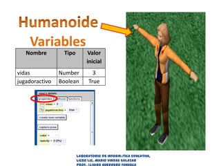 Humanoide Variables Laboratorio de Informática Educativa, Liceo Lic. Mario Vindas Salazar Prof. Álvaro Guerrero Fonseca 