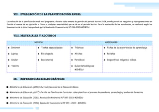 CARPETA DIGITAL
EDUCATION
& LEGIS EIRL
VII. EVALUACIÓN DE LA PLANIFICACIÓN ANUAL
La evaluación de la planificación anual será progresiva, durante cada semana de gestión del periodo lectivo 2024, siendo pasible de reajustes y reprogramaciones en
función al avance de su ejecución o frente a cualquier eventualidad que se de en el periodo lectivo. Para la evaluación de los estudiantes, se realizará según los
lineamientos de la directiva aprobada por la Resolución Viceministerial N° 094-2020-MINEDU.
VIII. MATERIALES Y RECURSOS
MEDIOS MATERIALES
▪ Internet
▪ Laptop
▪ Celular
▪ Tableta
▪ Textos especializados
▪ Enciclopedia
▪ Diccionarios
▪ Trípticos
▪ Afiches
▪ Periódicos
▪ Guías metodológicas
MINEDU
▪ Fichas de las experiencias de aprendizaje
▪ Revistas
▪ Diapositivas, imágenes, vídeos.
IX. REFERENCIAS BIBLIOGRÁFICAS
● Ministerio de Educación. (2016). Currículo Nacional de la Educación Básica.
● Ministerio de Educación. (2017). Cartilla de Planificación Curricular: cómo planificar el proceso de enseñanza, aprendizaje y evaluación formativa.
● Ministerio de Educación. (2023). Resolución Ministerial N.º 587-2023-MINEDU
● Ministerio de Educación. (2020). Resolución Viceministerial N° 094 - 2022 – MINEDU.
AGOGICOS DIGITALES
 