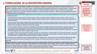 El Área de Comunicación tiene por finalidad desarrollar en los estudiantes la competencia comunicativa que los lleve a comunicarse de modo eficaz con
propósitos y destinatarios variados y en diversos contextos, a través del desarrollo de las siguientes competencias: Se expresa oralmente, Comprende textos
orales, Comprende textos escritos, Produce textos escritos e Interactúa con expresiones literarias. Asimismo, se busca consolidar los niveles de logro
alcanzados en el quinto ciclo, en función de los estándares planteados en los mapas de progreso y articular los niveles de logro correspondientes al sexto ciclo.
En este grado se espera que el estudiante:
• Escuche atenta y comprensivamente los mensajes explícitos e implícitos de distintos interlocutores, evaluando la fiabilidad de los textos a partir de sus conocimientos y del
contexto sociocultural.
• Se pueda expresar con claridad, haciendo uso de diversos recursos verbales y no verbales en diversas situaciones comunicativas. Además, se espera que en sus
interacciones intercambie sus ideas utilizando conectores, referentes y vocabulario variado y pertinente, considerando los puntos de vista de los otros y adecuándose al
contexto sociocultural.
• En cuanto a la comprensión de textos, se espera que lean comprensivamente textos con elementos complejos que desarrollan temas diversos con vocabulario variado y que
integre información y realice inferencias a partir de la información explícita e implícita y complementaria de los textos que lee. Además se busca que opine sobre los
aspectos variados considerando el contexto sociocultural del texto y el propio.
• En cuanto el aspecto de producción, se espera que el estudiante produzca diversos tipos de textos a partir de sus conocimientos previos, organice sus ideas en torno a un
tema e intercambie con sus pares, plantee su punto de vista y evalúe las ideas de los otros. También se espera que escriba variados tipos de textos sobre temas
especializados considerando el destinatario y el registro a partir de su experiencia previa y fuentes de información complementaria. Asimismo, deberá utilizar los recursos
diversos de la lengua para darle sentido y claridad al mensaje de su texto.
• Con respecto a la literatura los estudiantes lograrán fortalecer su formación como lectores literarios, a través de experiencias que les permitan comprender y crear mundos
representados, construir y cuestionar sentidos, y utilizar estéticamente el lenguaje en textos literarios de diversos géneros y procedencias culturales, así como participar en
actividades literarias con la finalidad de intercambiar ideas y compartir sus creaciones y propuestas.
Los niveles de logro que se alcance en cada una de ellas responderán a los estándares del VI ciclo, de tal modo que se consolidan los logros del ciclo anterior,
pero con determinados avances respecto del siguiente. Para ello, se tendrá como referencia los indicadores formulados para el grado en las Rutas del
Aprendizaje.
Asimismo se abordarán los campos temáticos vinculados a los textos funcionales (descriptivos, informativos, argumentativos y expositivos) tanto continuos como
discontinuos; textos multimodales (audiovisuales) y textos literarios (mitos, leyendas, fábulas, cuentos, novelas, poemas, comedias), variedades lingüísticas,
vocabulario, recursos ortográficos y gramaticales, estrategias y técnicas para la comprensión lectora y la producción de textos ya sean orales o escritos; recursos
expresivos (no verbales, paraverbales, verbales) y recursos y técnicas literarias (figuras literarias, narrador).
DESCRIPCIÓN DE
LAS METAS A
PARTIR DE LOS
MAPAS DE
PROGRESO
EXPLICITAR LOS
CAMPOS
TEMÁTICOS
1. FORMULACIÓN DE LA DESCRIPCIÓN GENERAL
Descripción
general de la
finalidad y las
competencias
del área.
PAUTAS
 Tener en cuenta las características,necesidades intereses y expectativas de los estudiantes.
 
