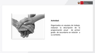 Actividad:
Organizados en equipos de trabajo,
redactan la descripción de la
programación anual de primer
grado de secundaria en relación a
su contexto.
 