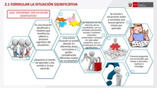 Despierta el interés
de aprender y dar
sentido a lo que
aprende.
Una misma
situación se puede
abordar en
diferentes áreas
curriculares y
grados
considerando
diferentes niveles
de complejidad.
Es una situación
desafiante o
retadora que
moviliza los
saberes y
procesos
cognitivos del
estudiante.
Se relaciona con los
intereses de los
estudiantes, con sus
contextos personales,
sociales, escolares,
culturales,
ambientales o propios
de cada saber
específico, que se
constituyan en retos
significativos.
Se vincula a
situaciones reales
o simuladas que
buscan generar
interés por
aprender.
Presenta preguntas
y/o enunciados que
invitan a descubrir,
explorar e
investigar.
¿QUE ENTEDEMOS POR SITUACIÓN
SIGNIFICATIVA?
2.1 FORMULAR LA SITUACIÓN SIGNIFICATIVA
 