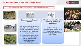 Situaciones vinculadas al
contexto
Es el problema, fenómeno de la
realidad , potencialidad, hecho,
ficción que tiene que abordar
el estudiante para desarrollar
competencias.
La vinculación del aprendizaje
con el contexto le otorga
sentido pertinencia y
funcionalidad a los
aprendizajes.
Situaciones vinculadas con el
quehacer científico y
pedagógico
Son situaciones que se
producen en el ámbito de las
disciplinas y campos
temáticos propias de las áreas
curriculares.
SITUACIONES VINCULADAS AL CONTEXTO Y AL QUE HACER CIENTÍFICO
2.1. FORMULAR LA SITUACIÓN SIGNIFICATIVA
 