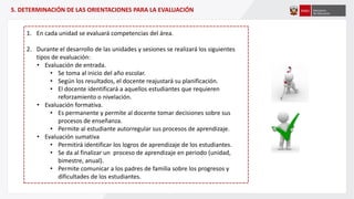 1. En cada unidad se evaluará competencias del área.
2. Durante el desarrollo de las unidades y sesiones se realizará los siguientes
tipos de evaluación:
• Evaluación de entrada.
• Se toma al inicio del año escolar.
• Según los resultados, el docente reajustará su planificación.
• El docente identificará a aquellos estudiantes que requieren
reforzamiento o nivelación.
• Evaluación formativa.
• Es permanente y permite al docente tomar decisiones sobre sus
procesos de enseñanza.
• Permite al estudiante autorregular sus procesos de aprendizaje.
• Evaluación sumativa
• Permitirá identificar los logros de aprendizaje de los estudiantes.
• Se da al finalizar un proceso de aprendizaje en periodo (unidad,
bimestre, anual).
• Permite comunicar a los padres de familia sobre los progresos y
dificultades de los estudiantes.
5. DETERMINACIÓN DE LAS ORIENTACIONES PARA LA EVALUACIÓN
 